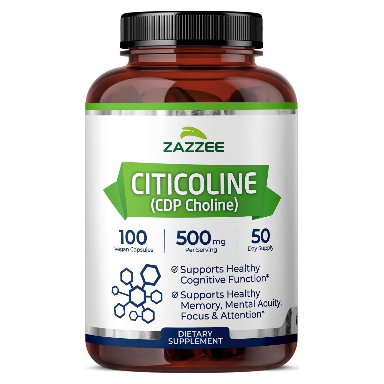 Suplemento de Citicolina Zazzee 500 mg 100 Cápsulas Veganas