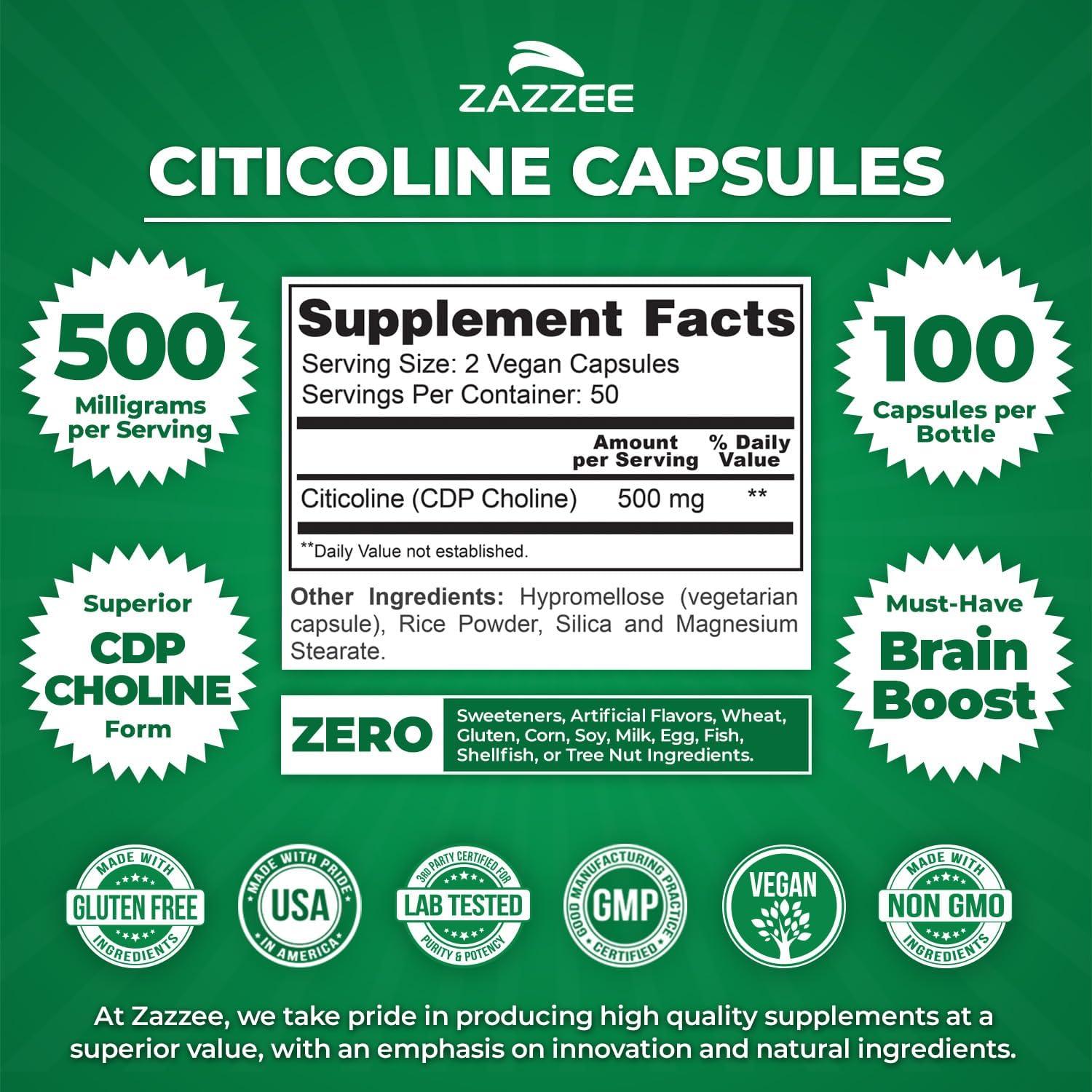 Suplemento de Citicolina Zazzee 500 mg 100 Cápsulas Veganas