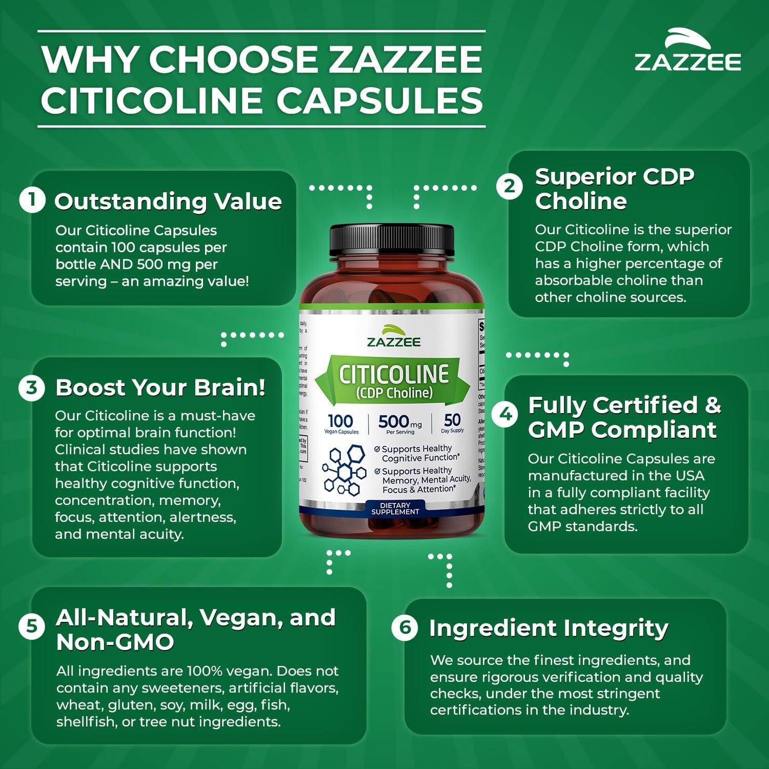 Suplemento de Citicolina Zazzee 500 mg 100 Cápsulas Veganas
