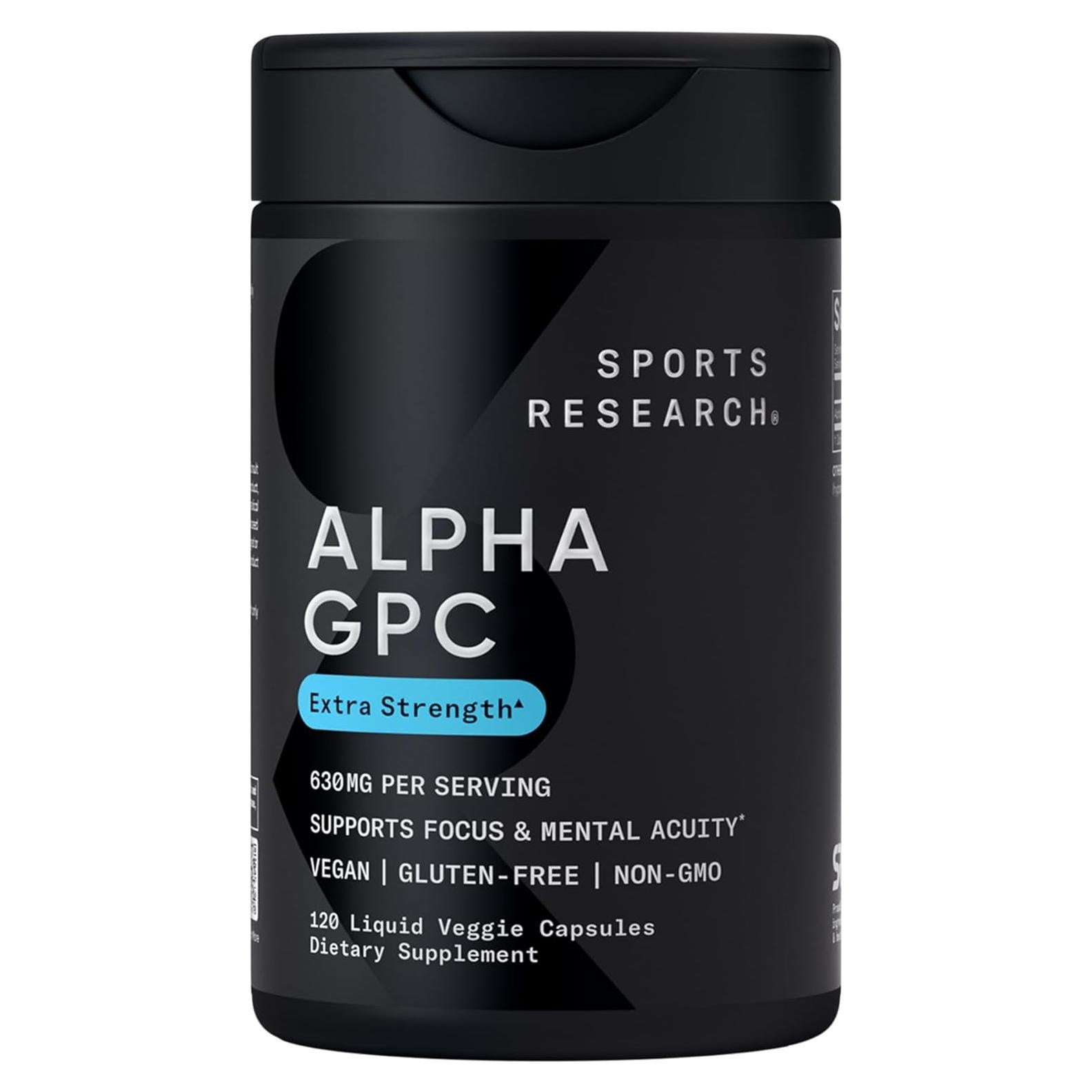 Alpha GPC 630mg Sports Research - Suplemento Cognitivo Vegano - 120 Cápsulas