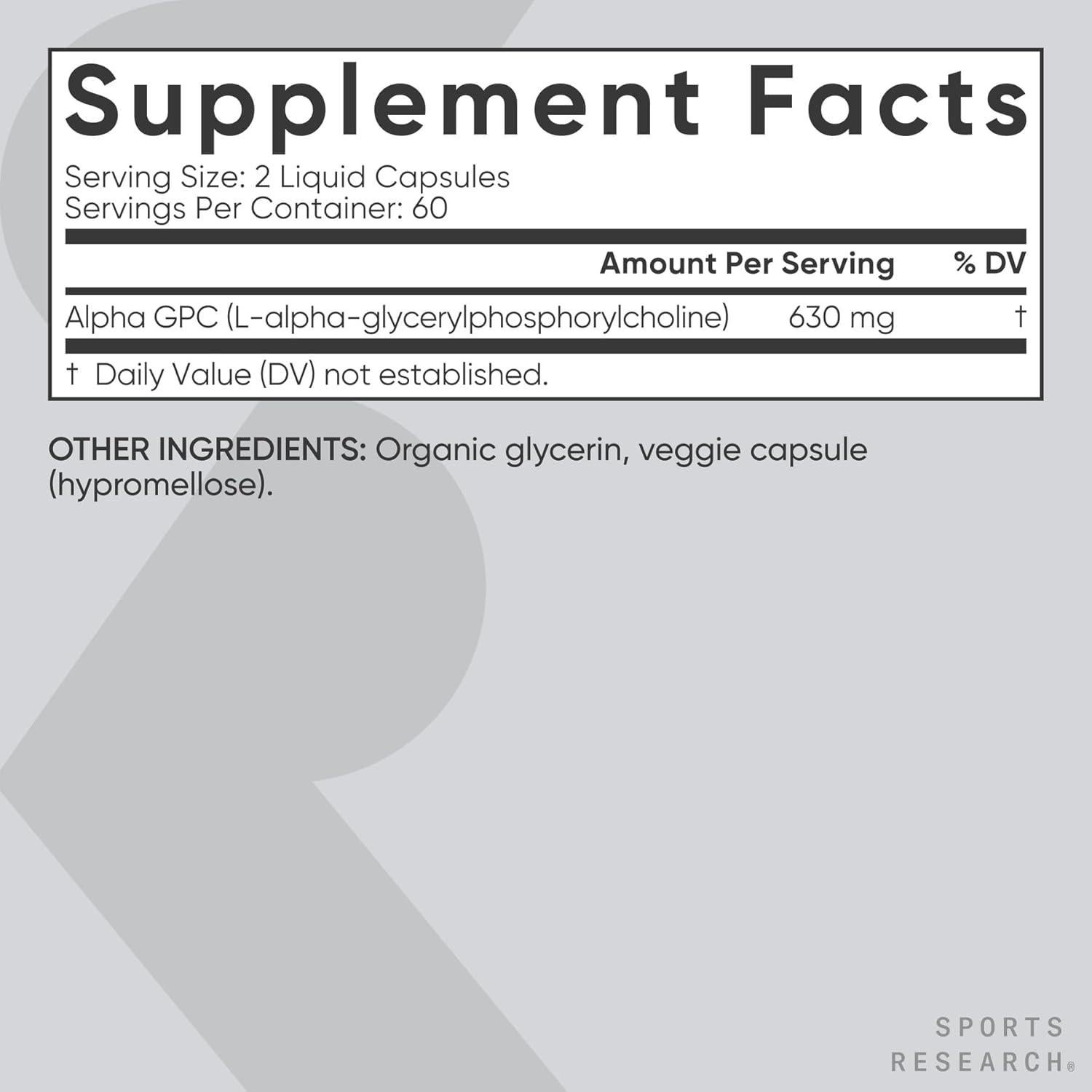 Alpha GPC 630mg Sports Research - Suplemento Cognitivo Vegano - 120 Cápsulas