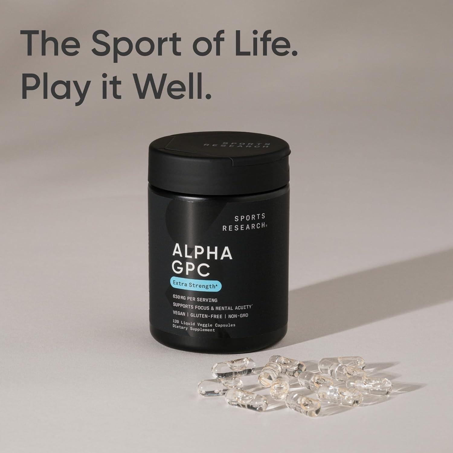Alpha GPC 630mg Sports Research - Suplemento Cognitivo Vegano - 120 Cápsulas
