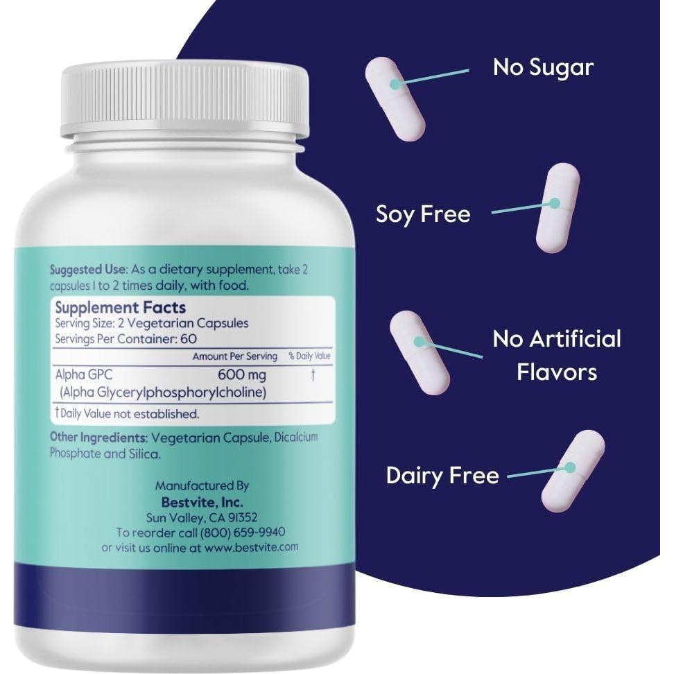 Suplemento Alpha GPC 600mg Bestvite 120 Cápsulas Veganas
