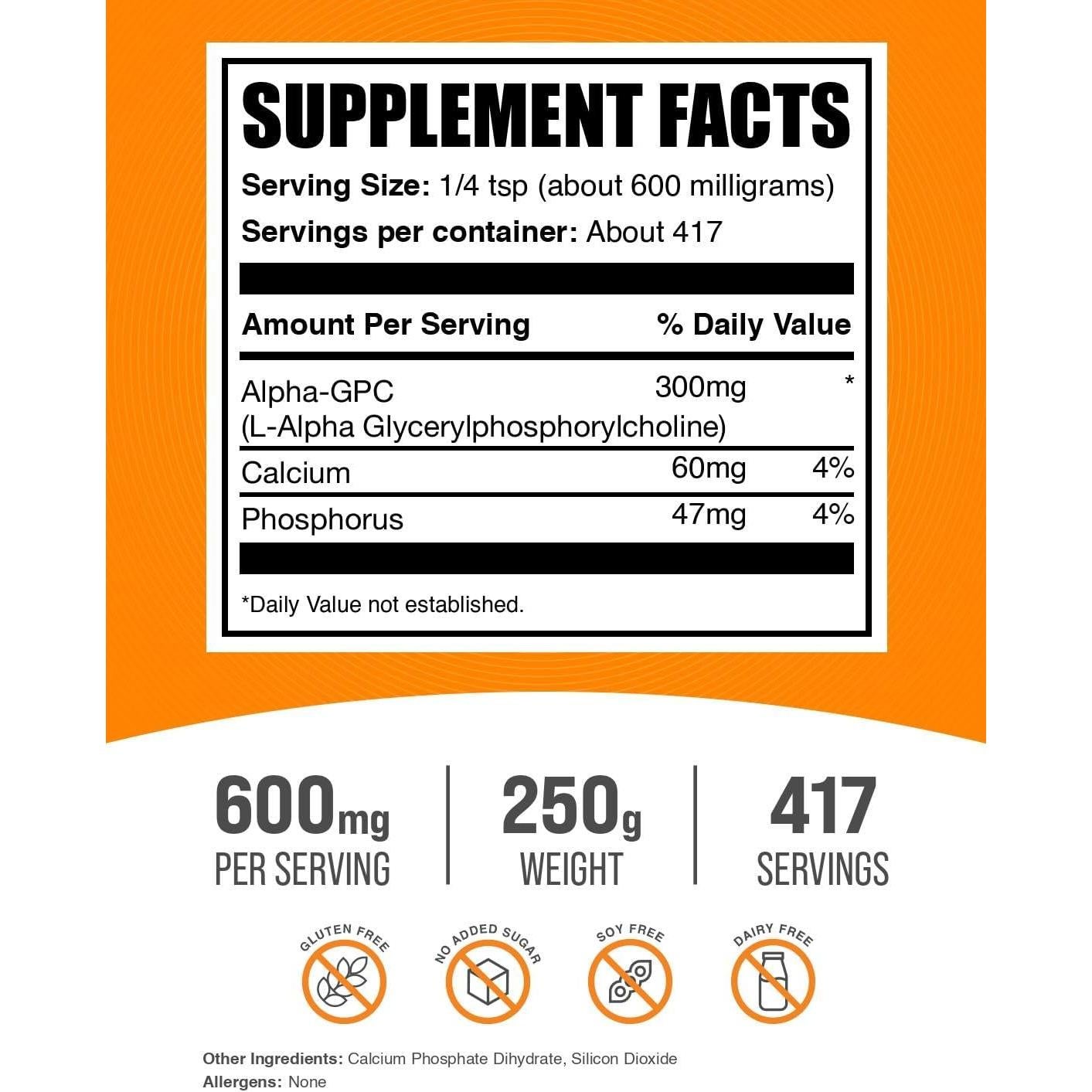 Polvo de Alpha GPC BulkSupplements 300mg 250g Sin Sabor