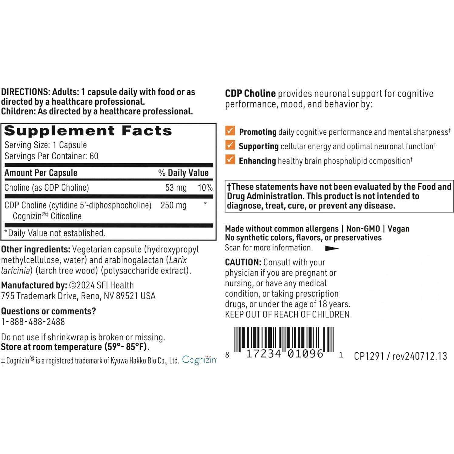 Suplemento de Colina Klaire Labs 250mg - 60 Cápsulas Hipoalergénicas