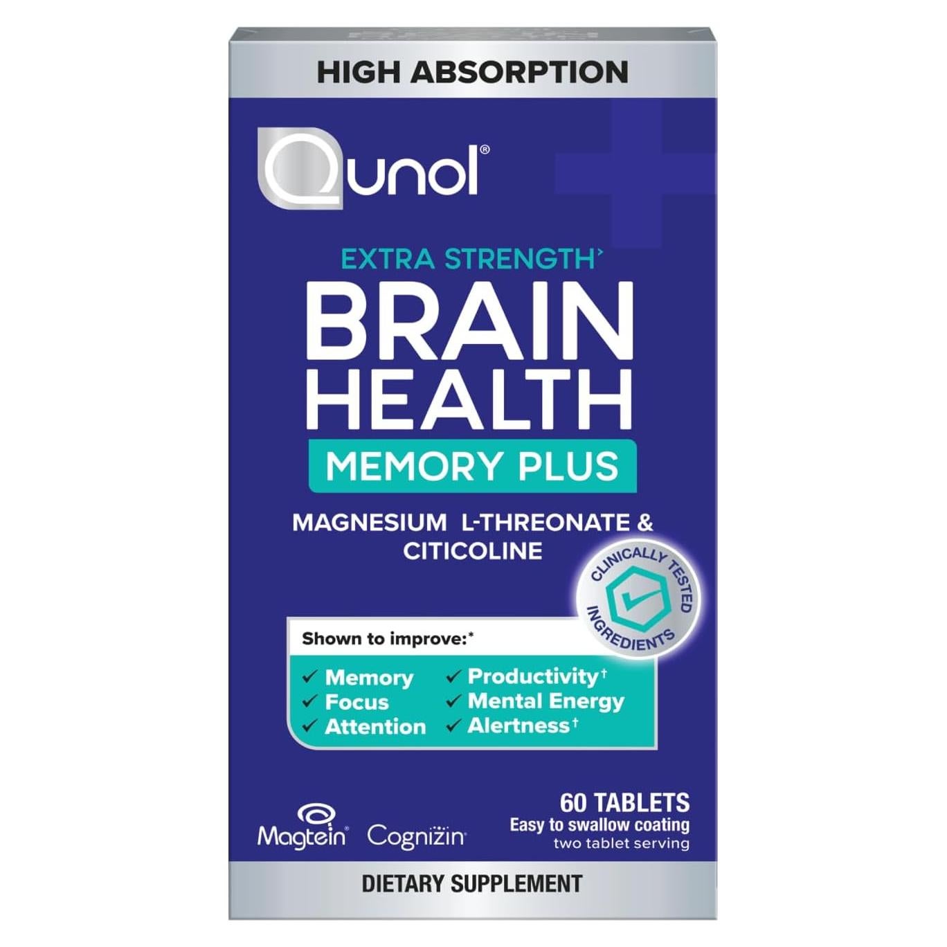 Qunol Salud Cerebral Memoria Plus 60 Cápsulas - Magnesio L-Treonato y Citicolina