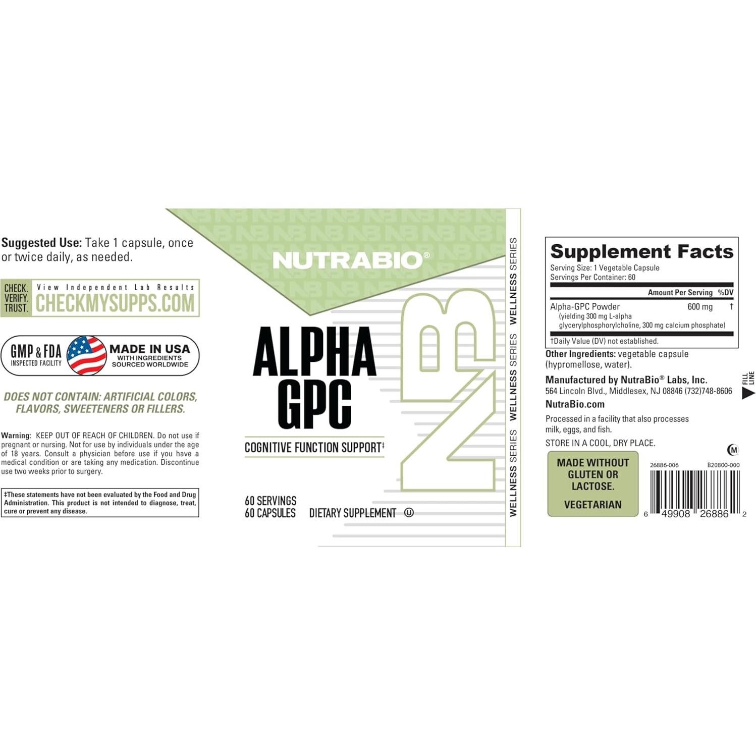 Alpha GPC NutraBio 300mg - 60 Cápsulas Vegetales para Memoria