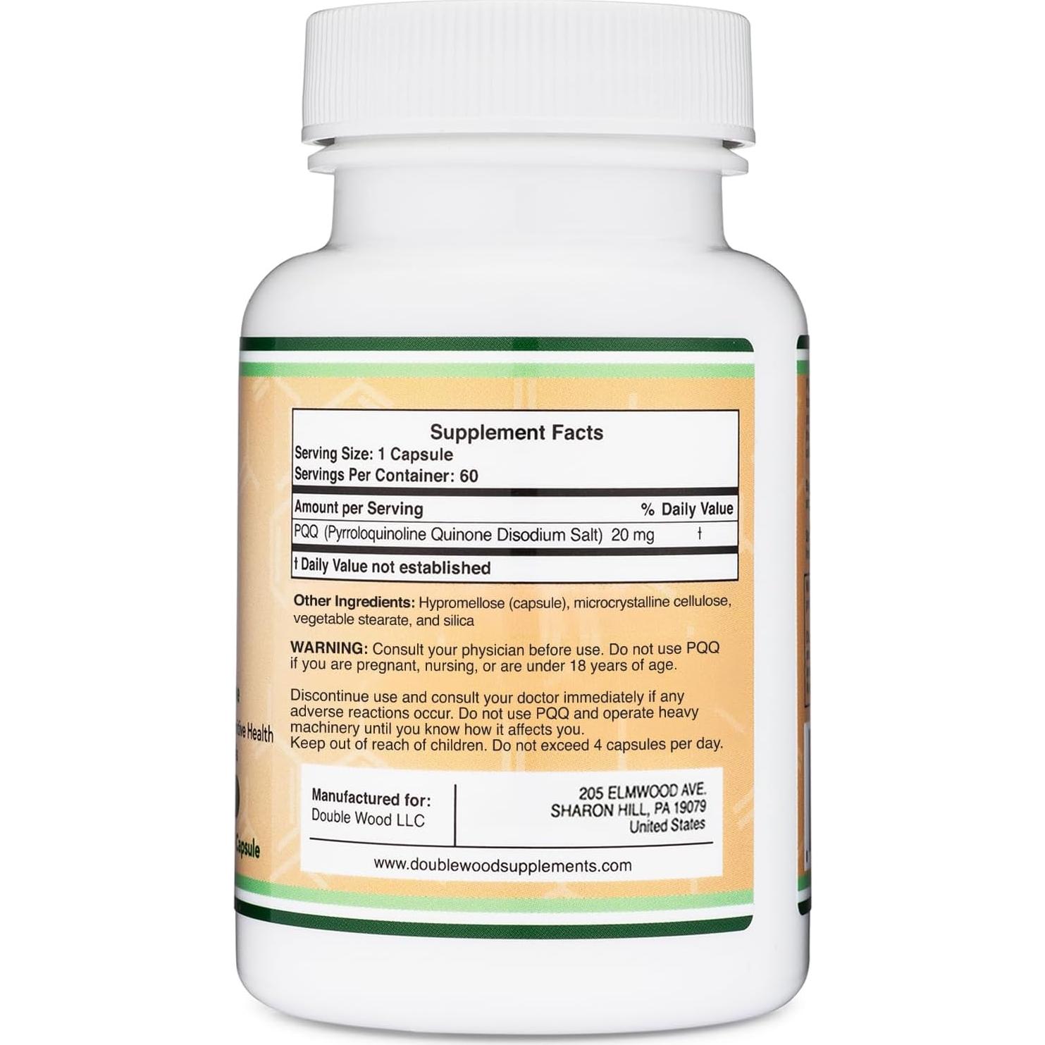 Suplemento PQQ 20mg Double Wood - 60 Cápsulas Veganas