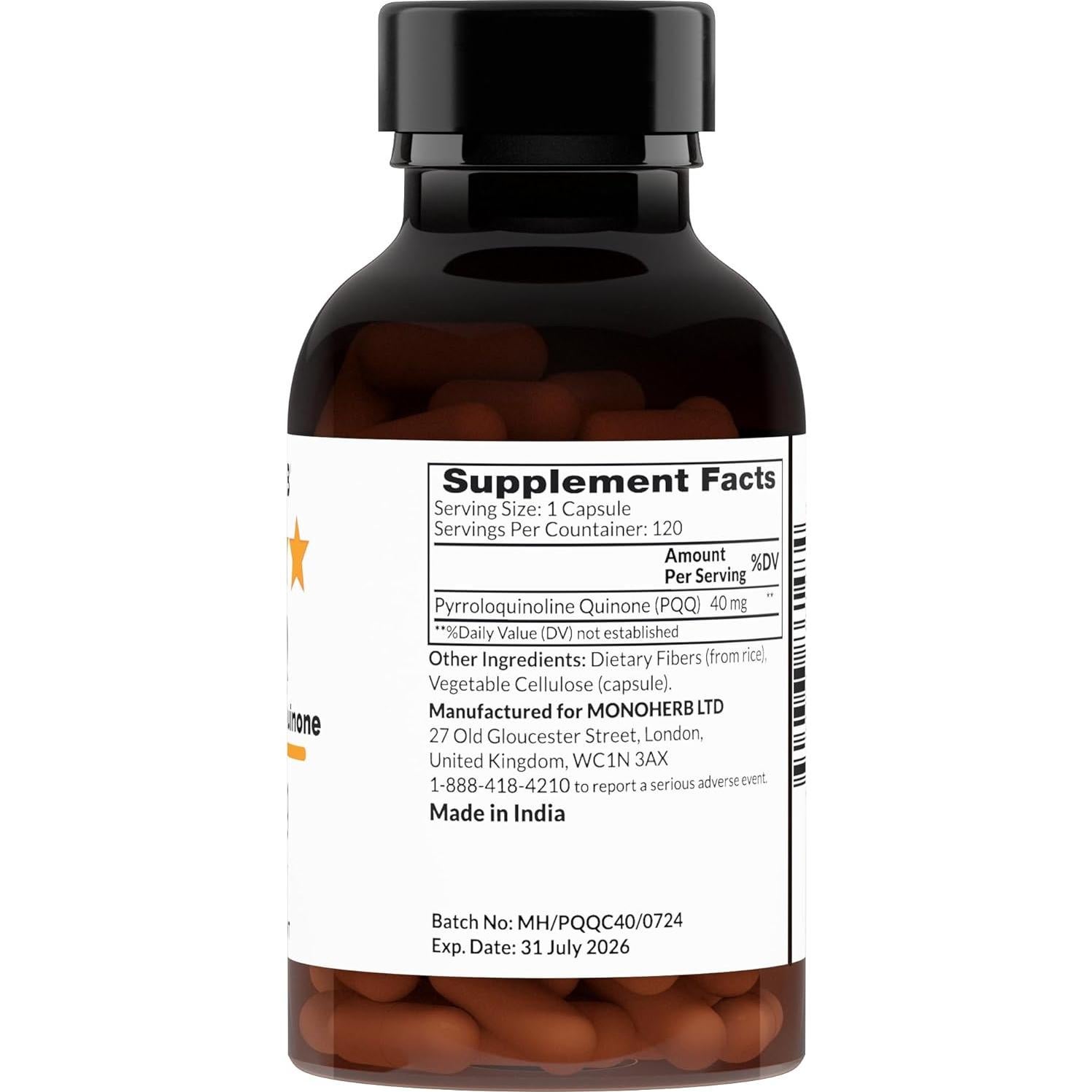 Suplemento PQQ Monoherb 40 mg - 120 Cápsulas Veganas