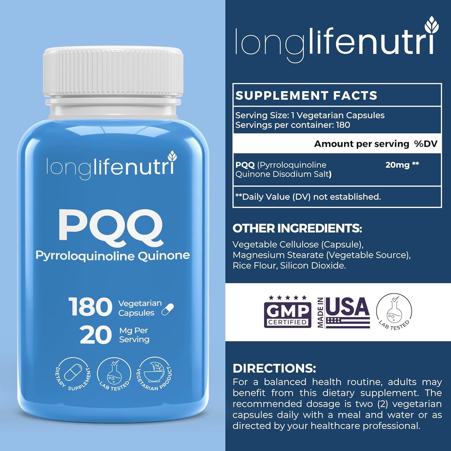 LongLifeNutri PQQ 20mg - 180 Cápsulas Vegetarianas, Suplemento Energético