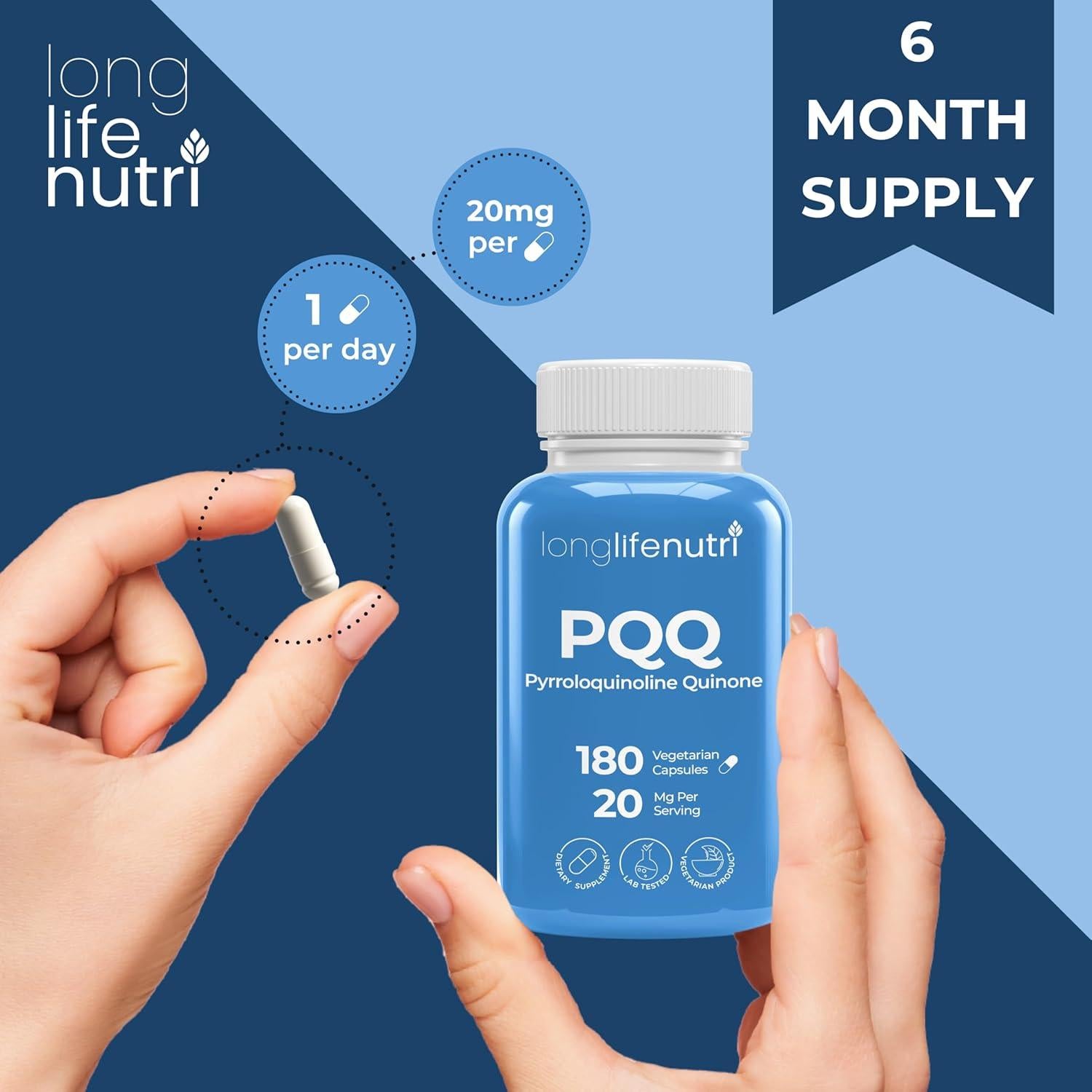 LongLifeNutri PQQ 20mg - 180 Cápsulas Vegetarianas, Suplemento Energético