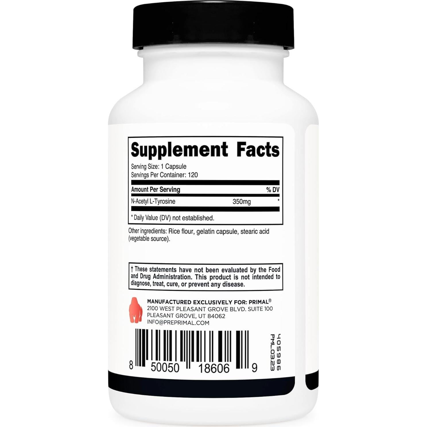 Cápsulas Primal N-Acetil L-Tirosina 350mg - 120 Porciones