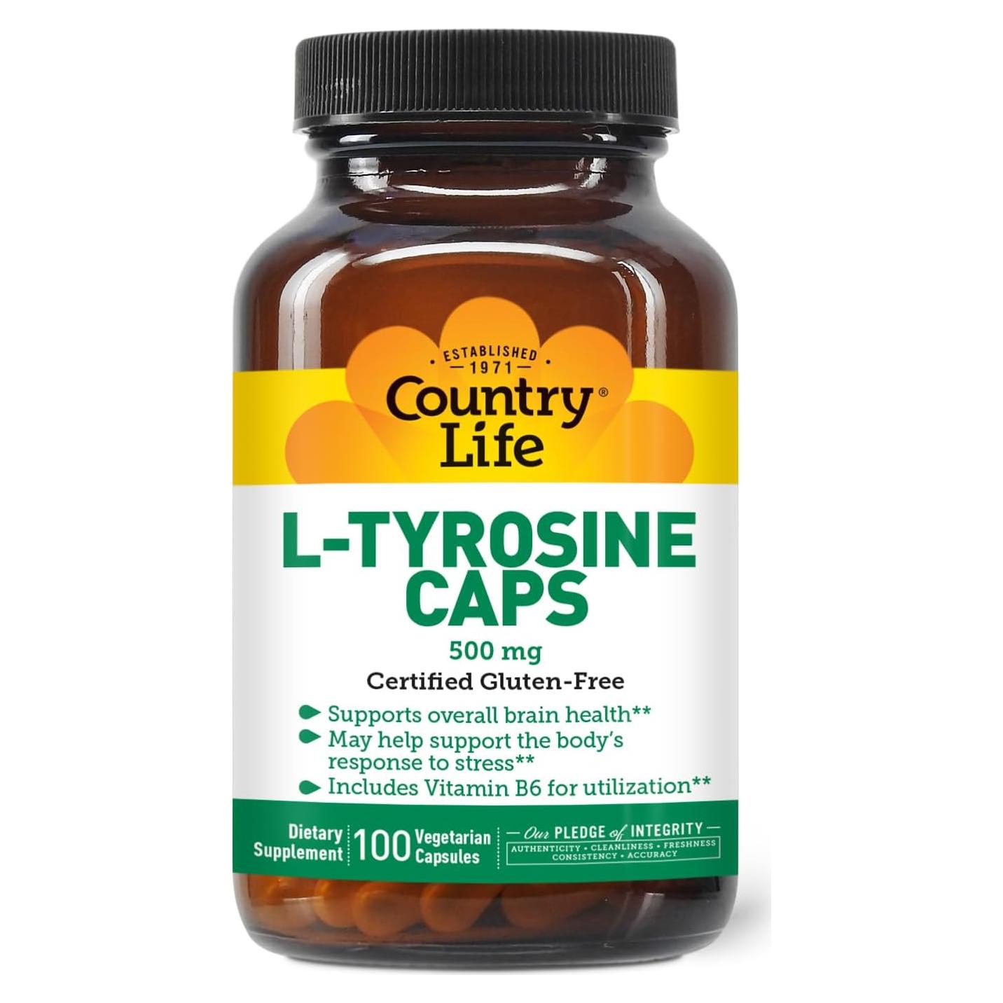 Suplemento L-Tirosina 500mg Country Life + Vitamina B6 - 100 Cápsulas