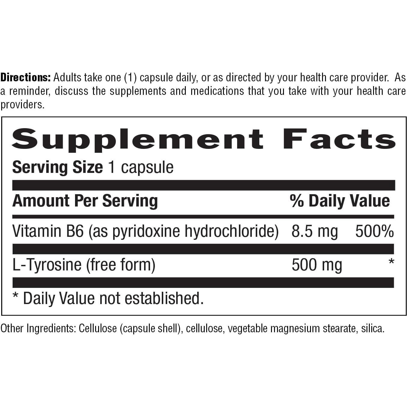Suplemento L-Tirosina 500mg Country Life + Vitamina B6 - 100 Cápsulas