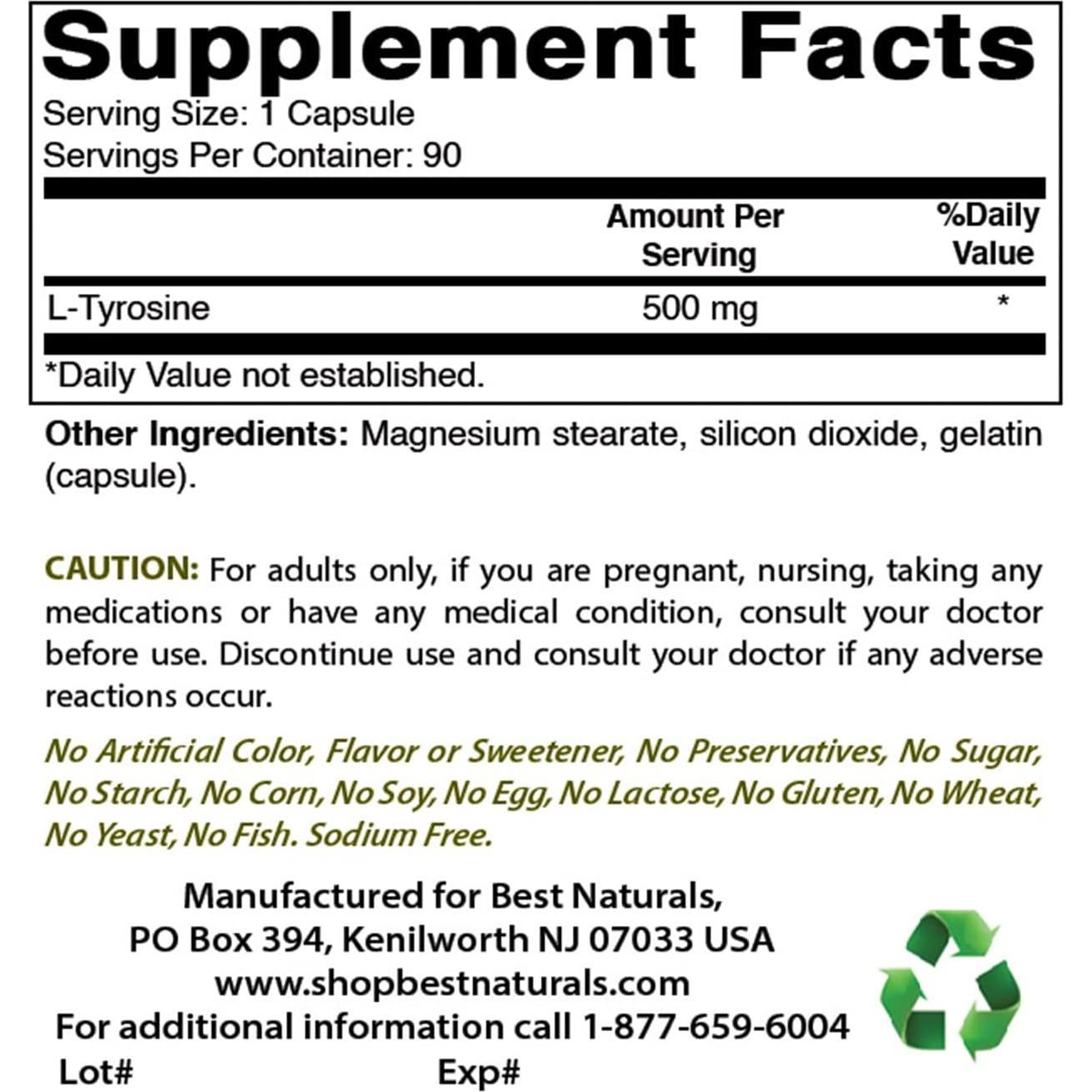 L-Tirosina 500 mg Mejores Naturales 90 Cápsulas x2