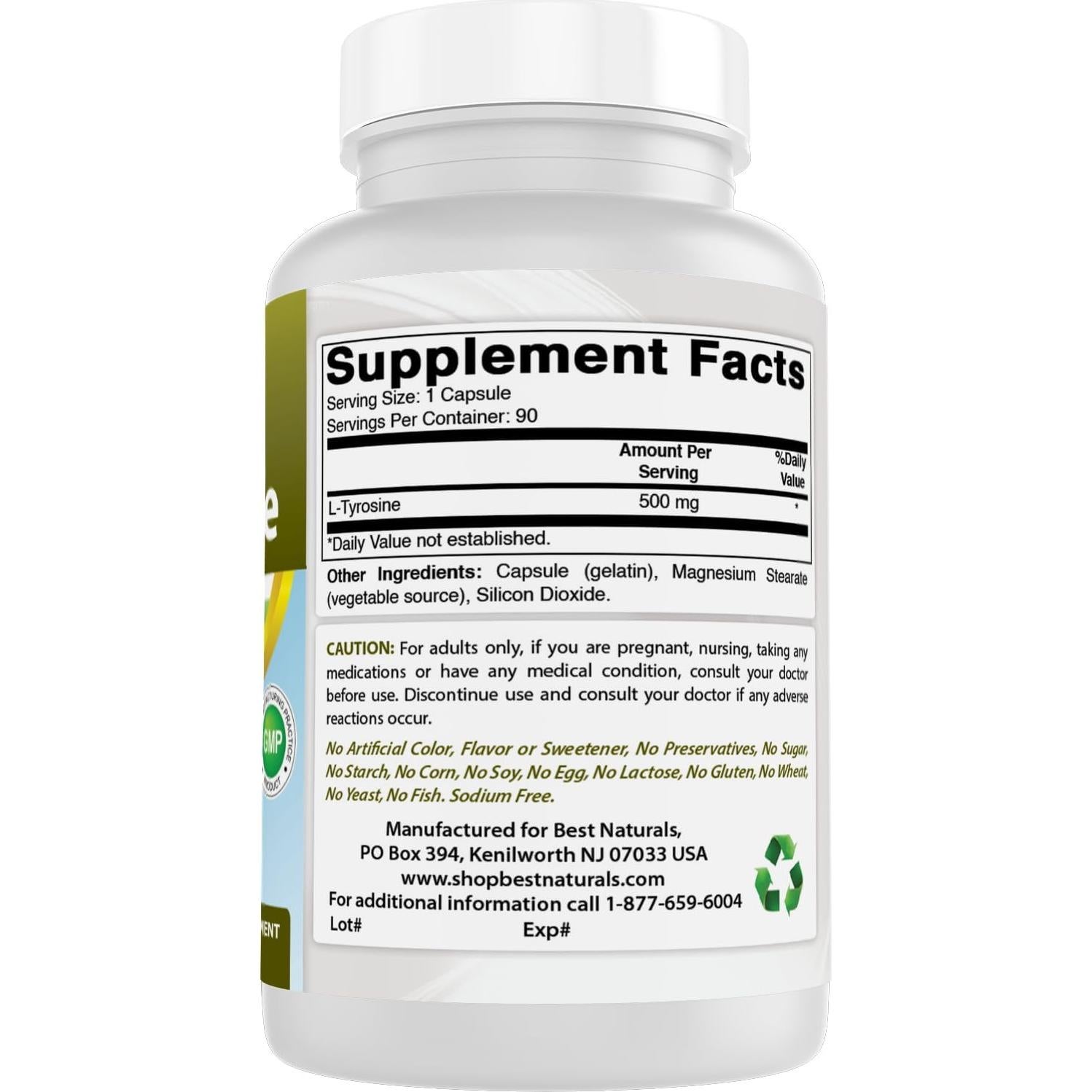 L-Tirosina 500 mg Mejores Naturales 90 Cápsulas x2