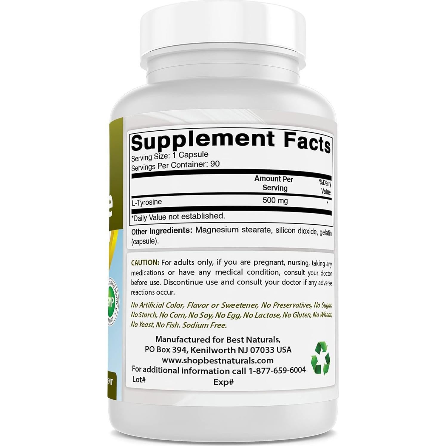 L-Tirosina 500 mg Mejores Naturales 90 Cápsulas x2