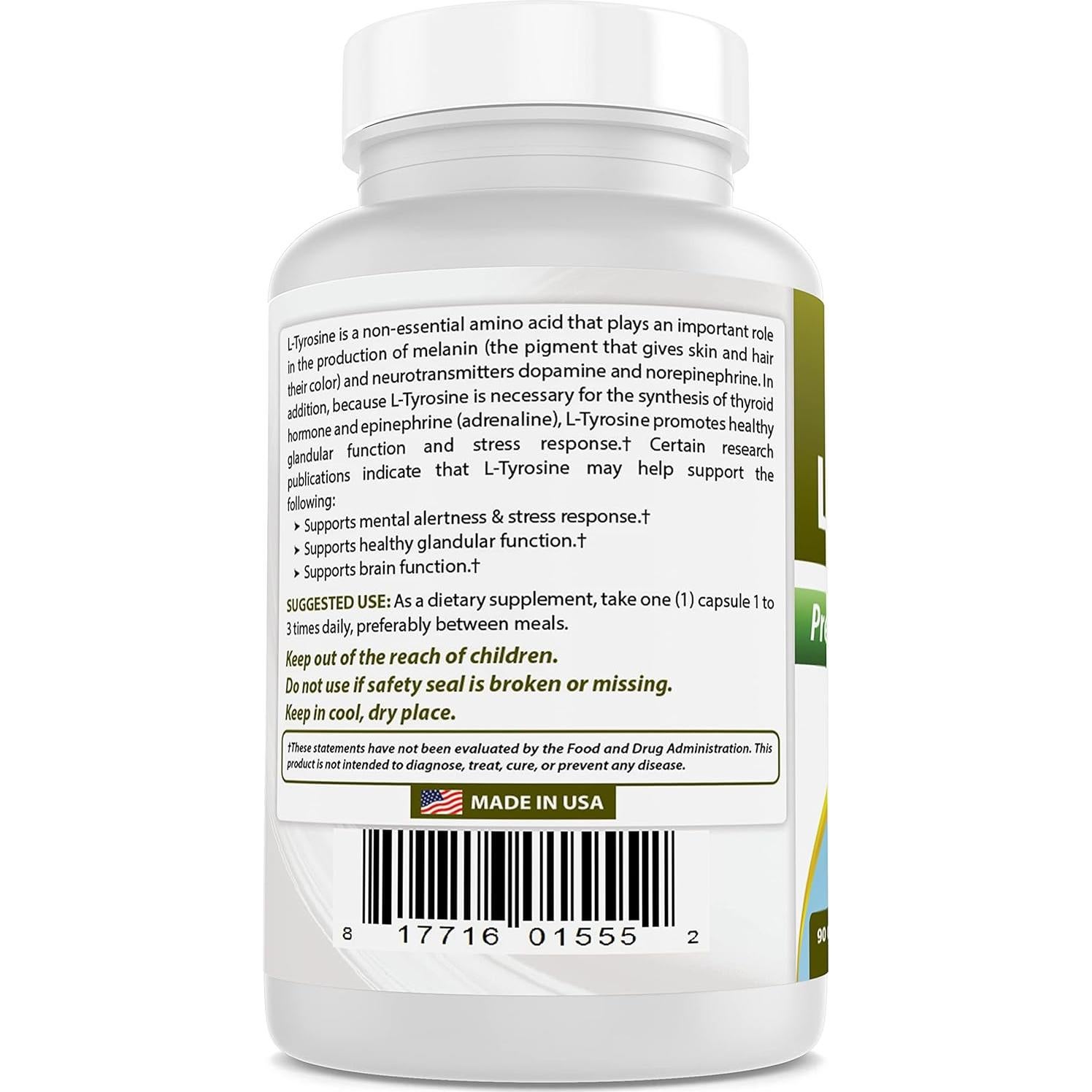 L-Tirosina 500 mg Mejores Naturales 90 Cápsulas x2
