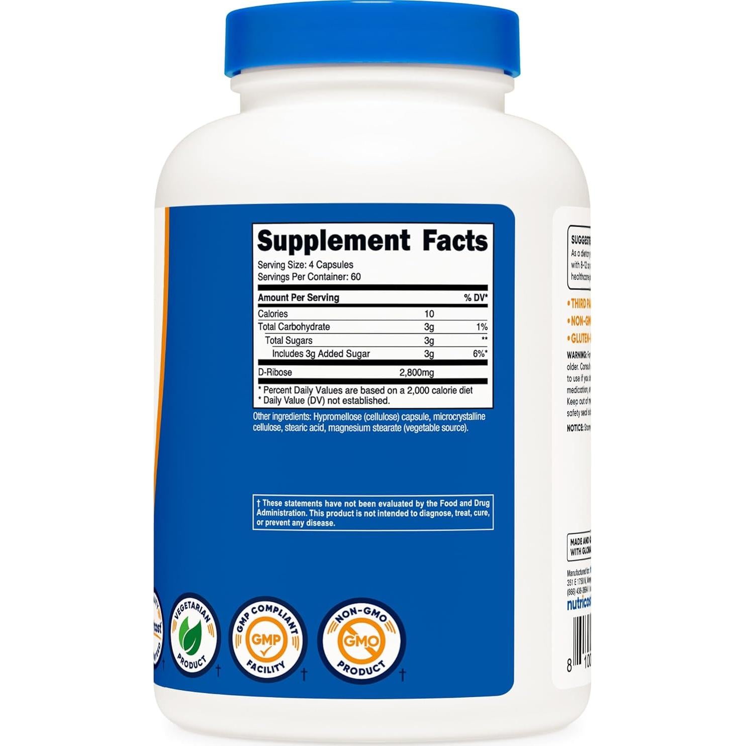 D-Ribosa Nutricost 700mg - 240 Cápsulas Vegetarianas