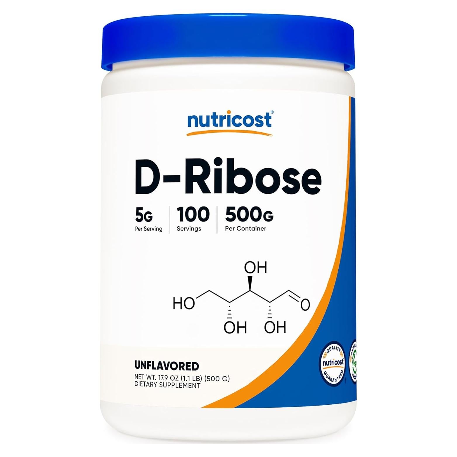D-Ribosa en Polvo Nutricost 500g - 5g por Porción, No-OGM