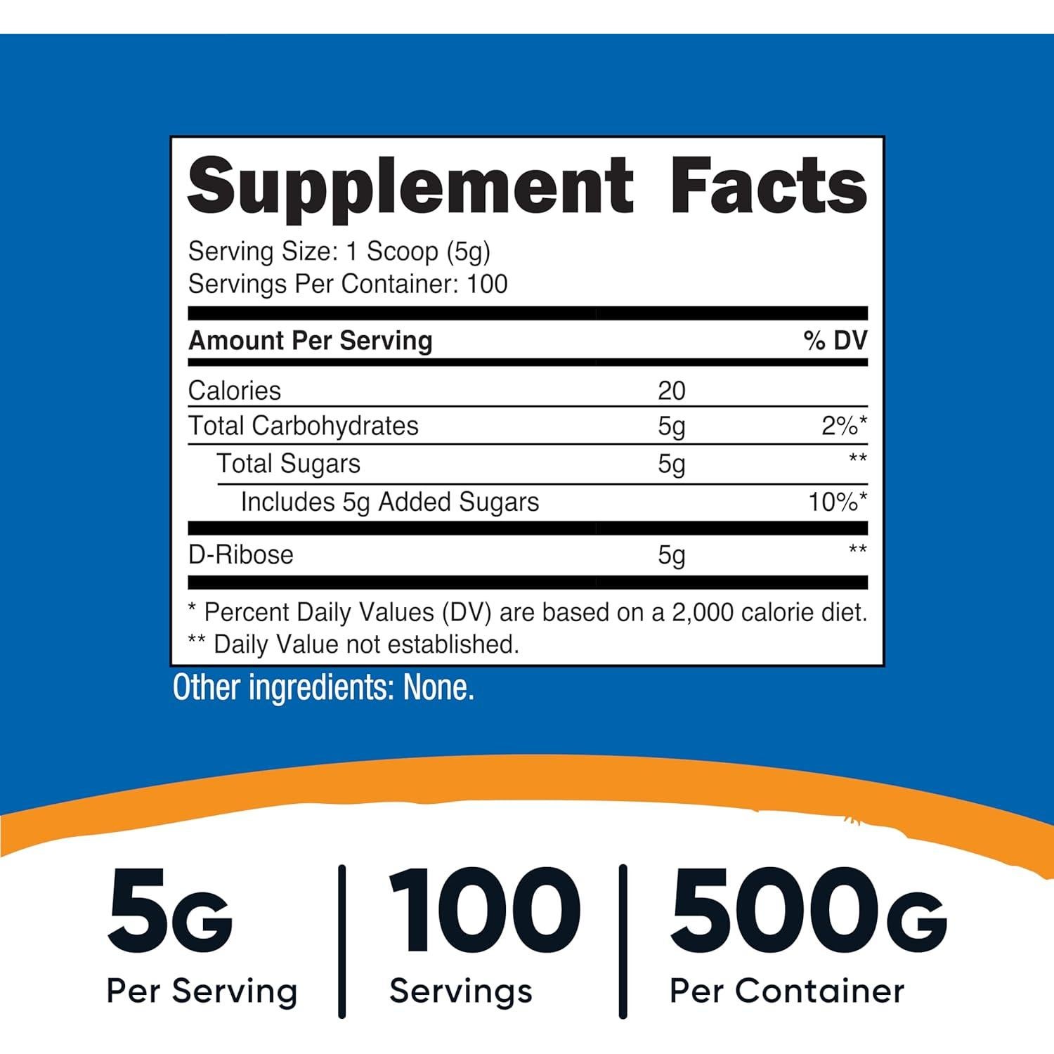 D-Ribosa en Polvo Nutricost 500g - 5g por Porción, No-OGM