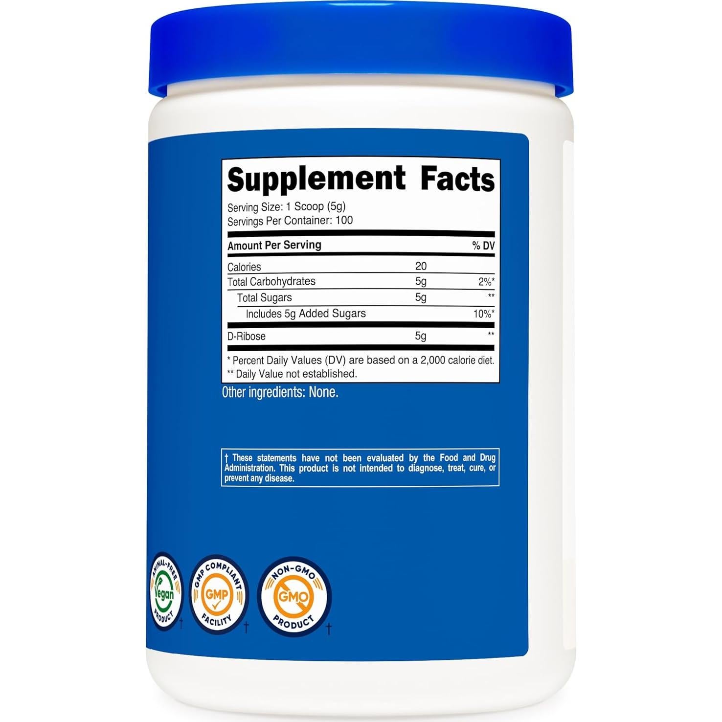 D-Ribosa en Polvo Nutricost 500g - 5g por Porción, No-OGM