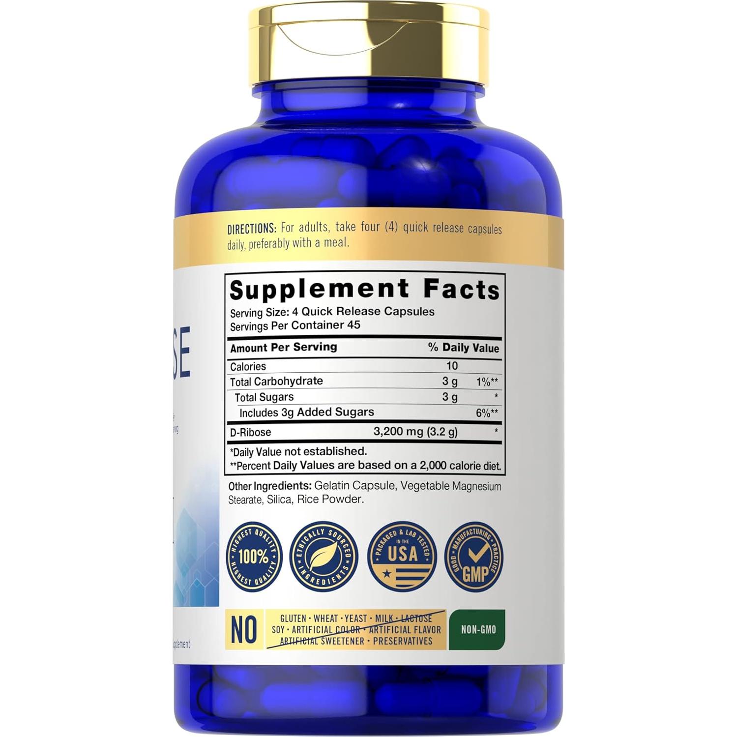 Cápsulas de D-Ribosa Carlyle 3200mg 180 Píldoras Suplemento