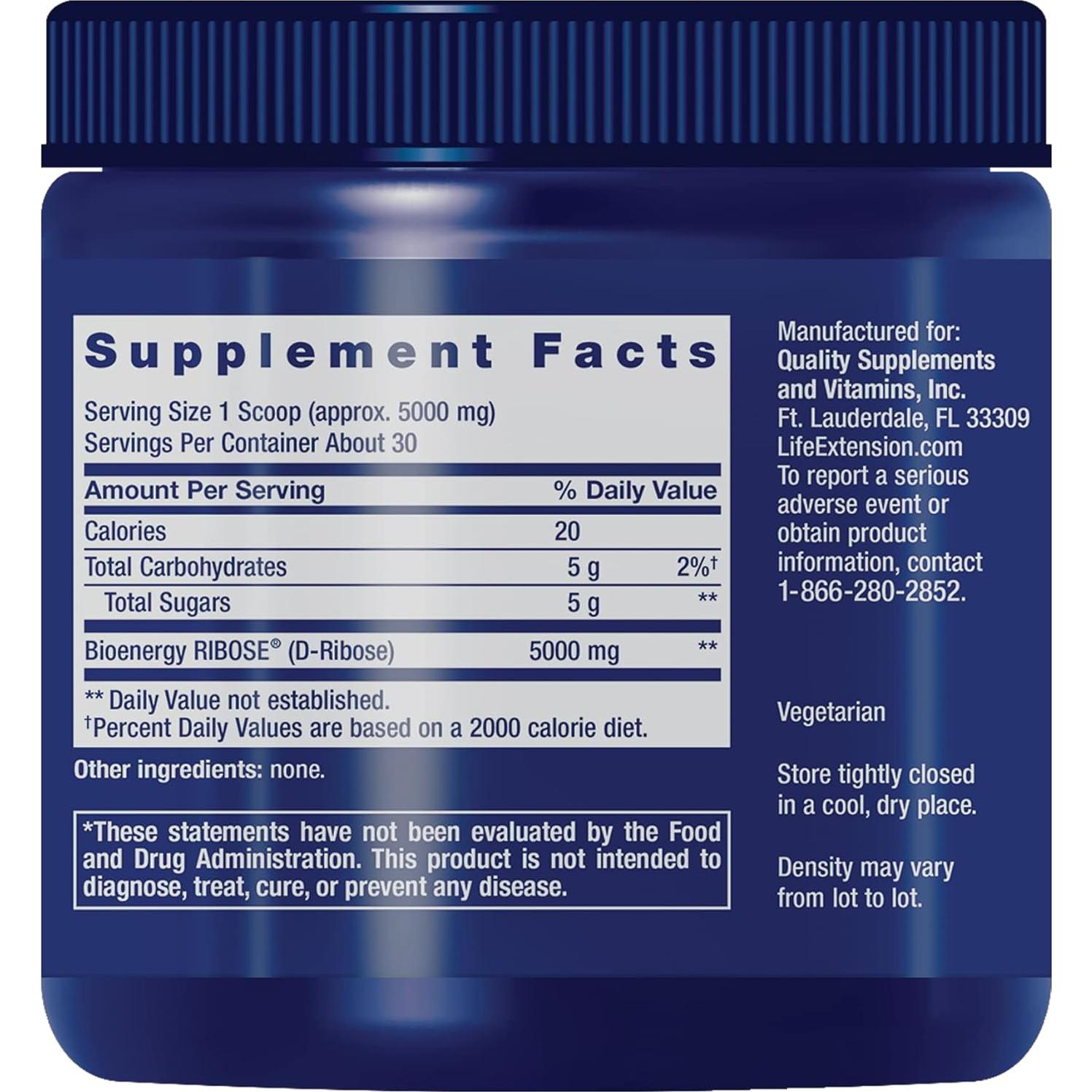 Polvo de D-Ribosa Life Extension 150g - Energía Celular y Salud Cardiovascular