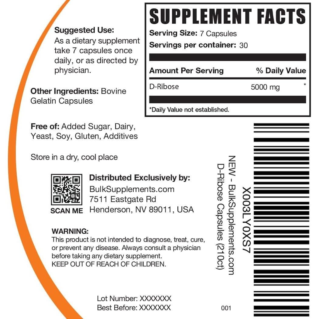 Cápsulas de D-Ribosa BulkSupplements 5000mg - 210 Conteo
