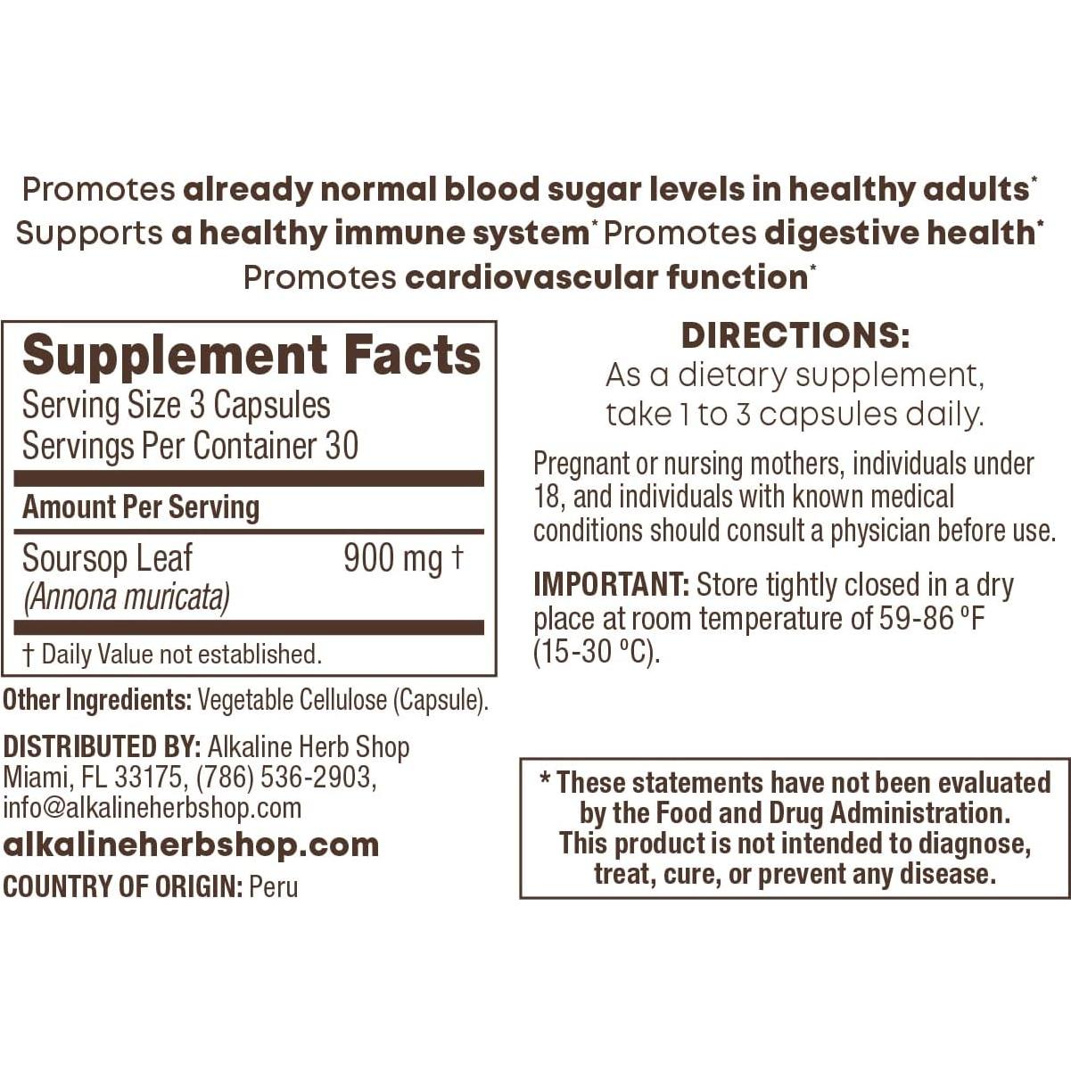 Suplemento de Hoja de Soursop Alkaline Herb Shop 90 Cápsulas