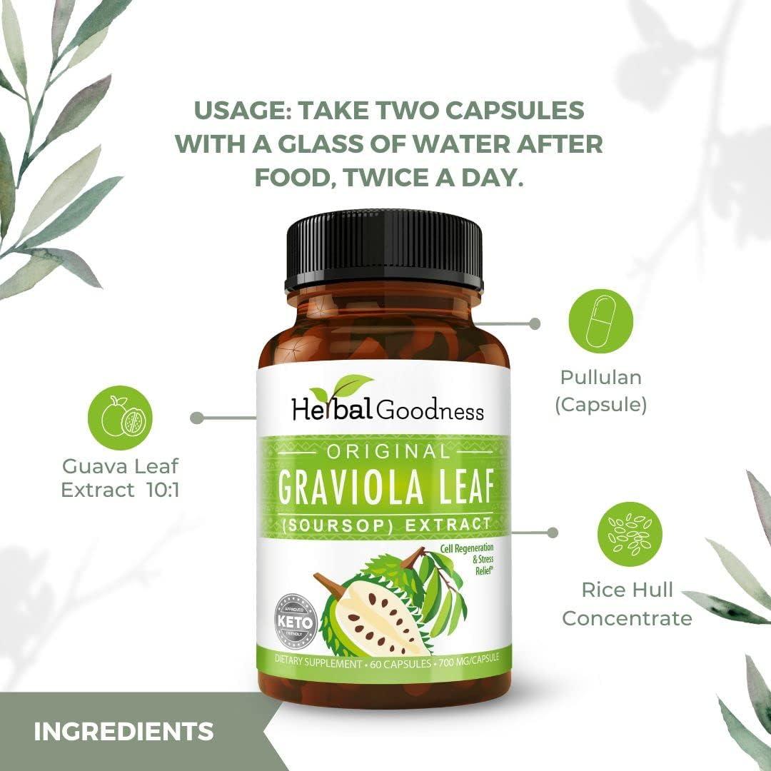 Cápsulas de Graviola Herbal Goodness 60ct - 700mg Orgánico