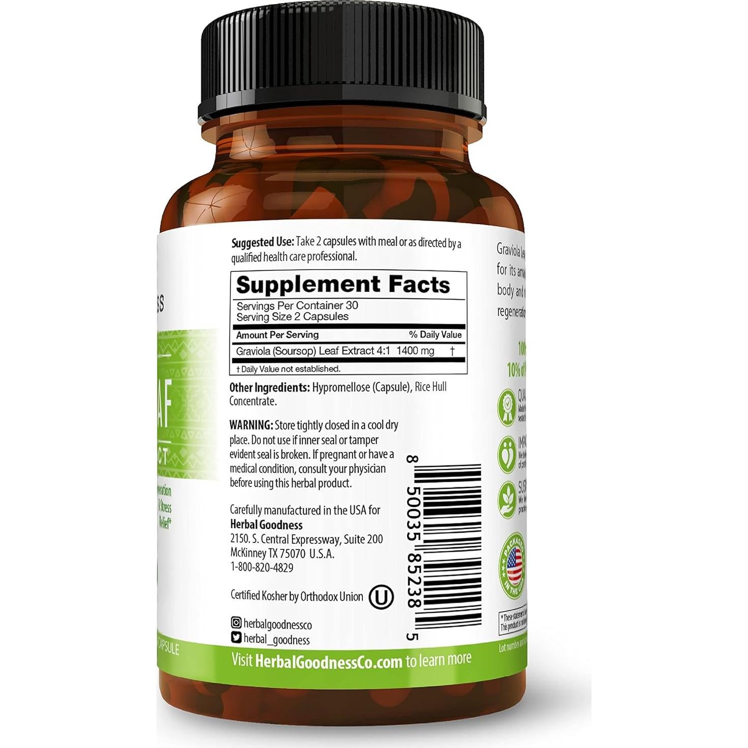 Cápsulas de Graviola Herbal Goodness 60ct - 700mg Orgánico