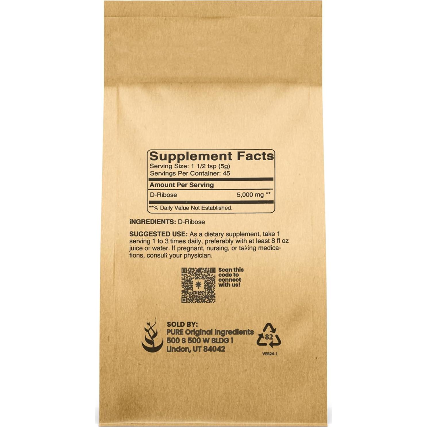 D-Ribosa en Polvo 227g Ingredientes Originales Puros Sin Gluten