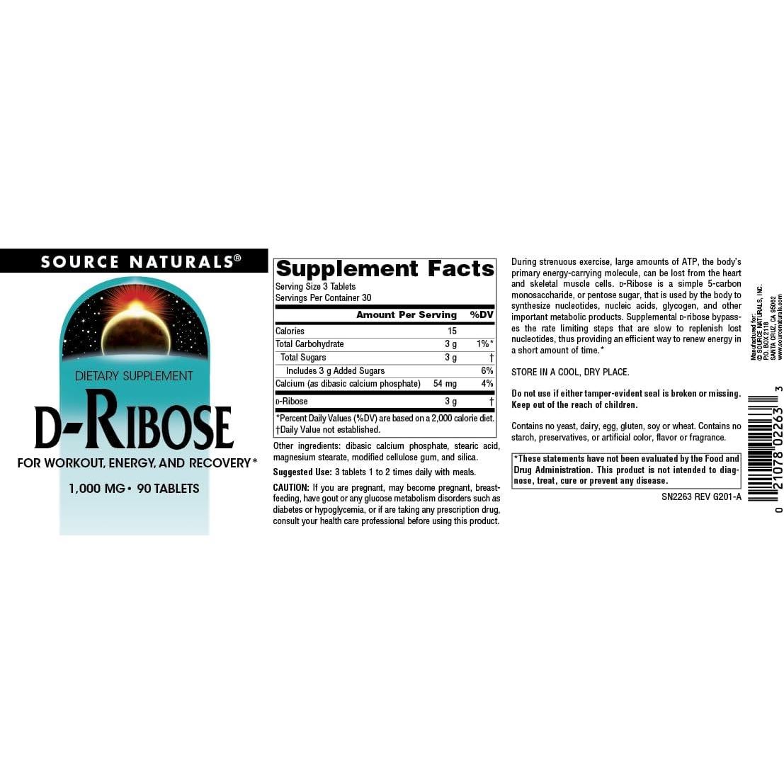 D-Ribosa Source Naturals 90 Tabletas - Energía y Recuperación