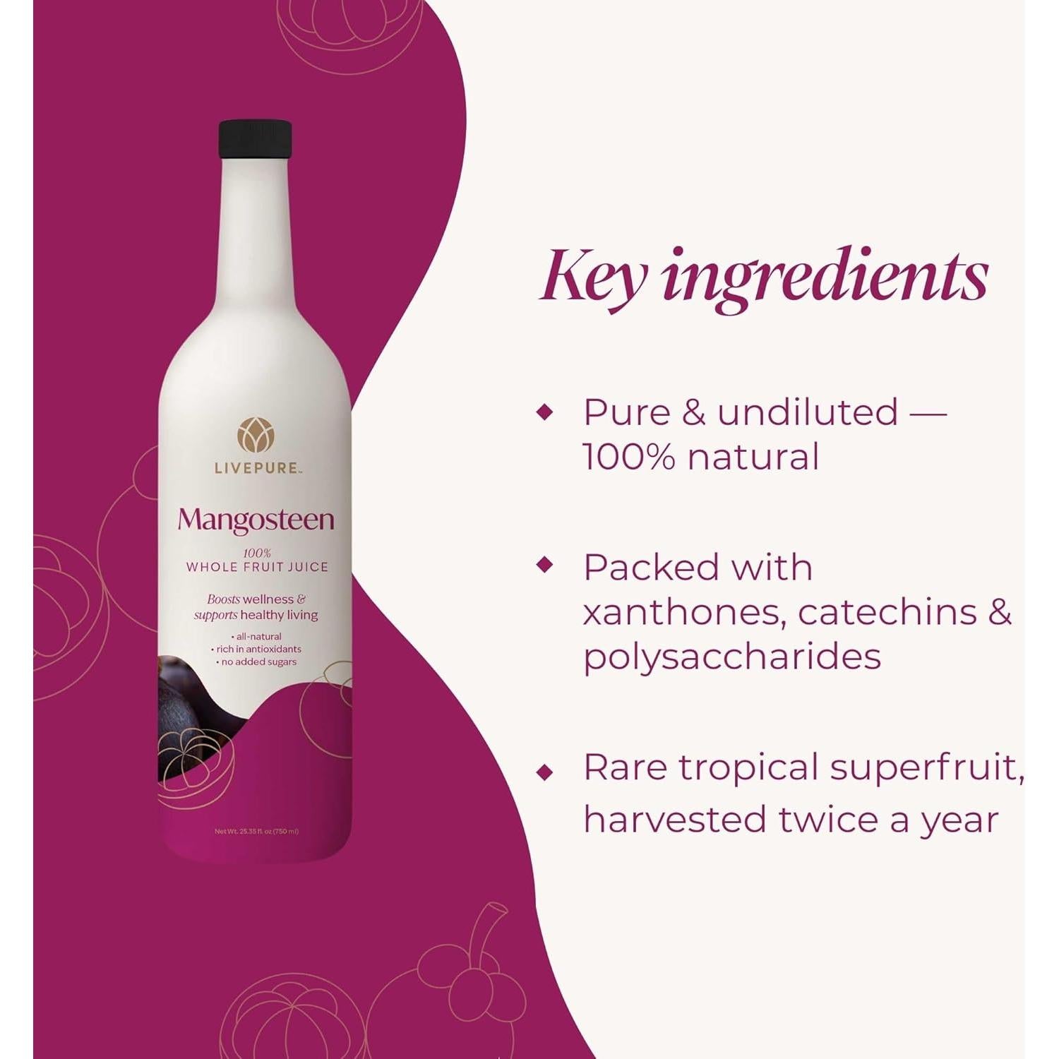 Jugo de Mangostán Puro 750ml - PURE, Antioxidante Vegano