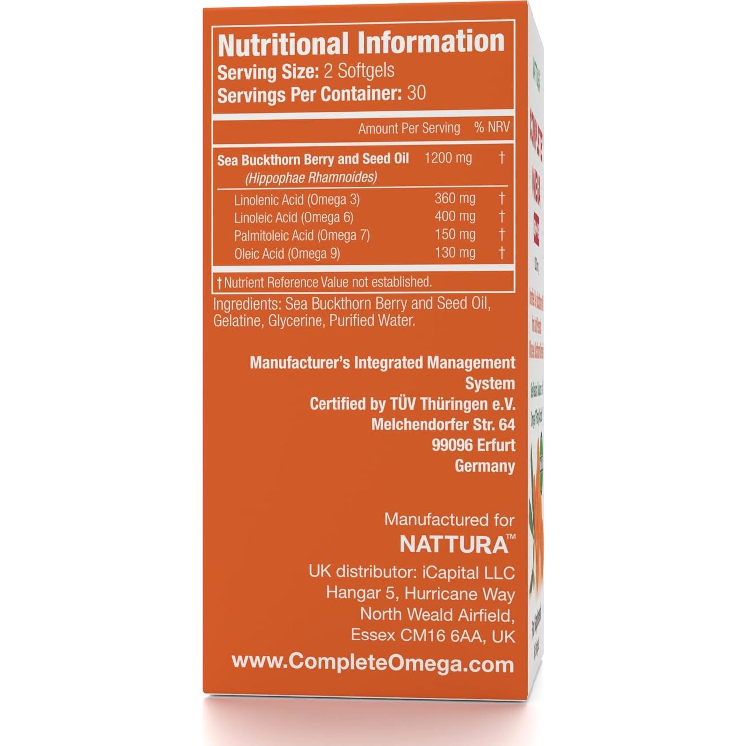 Nattura Omega 3-6-7-9 Aceite de Espino Marino 60 Cápsulas