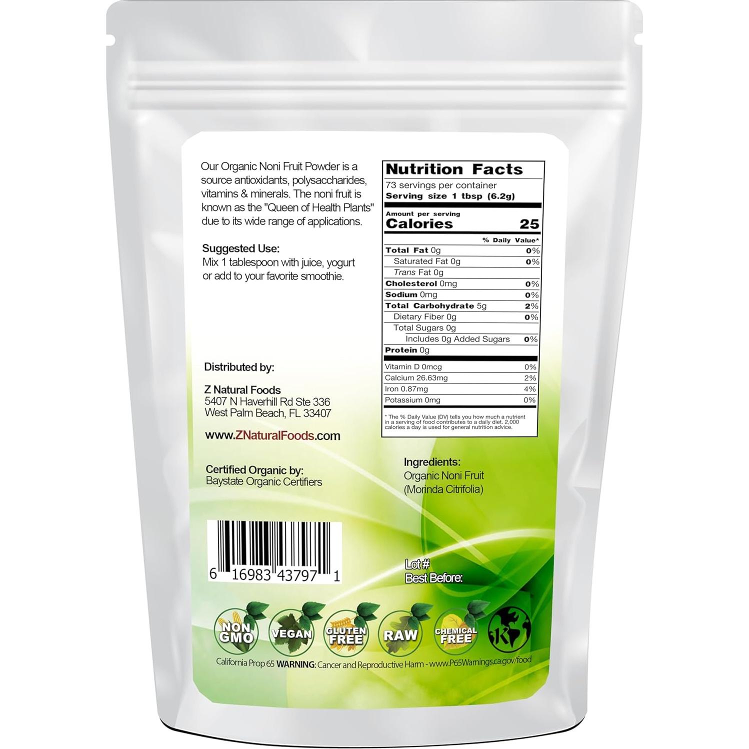 Polvo de Fruta Noni Orgánico Z Natural Foods 454g - Superalimento