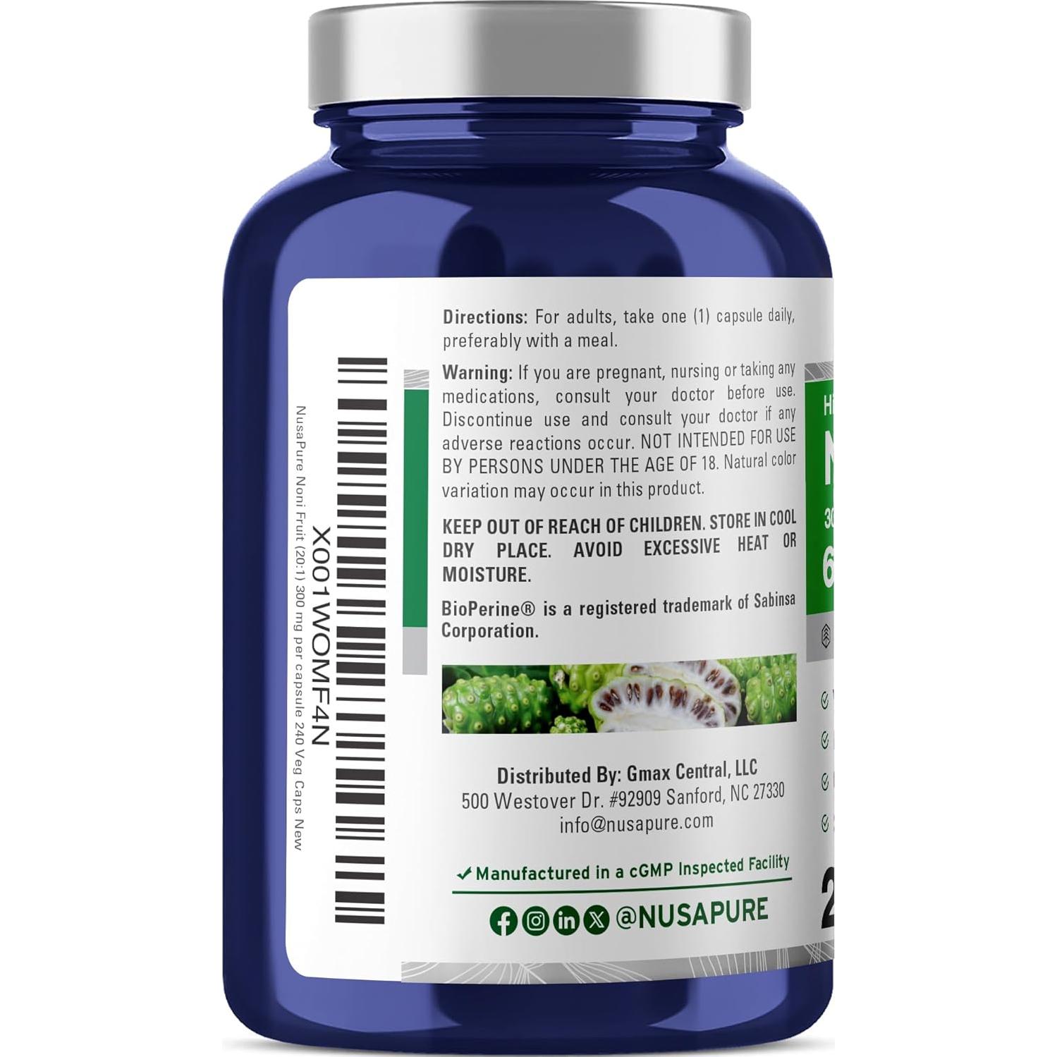 Extracto de Fruta Noni NusaPure 300 mg 240 Cápsulas Veganas