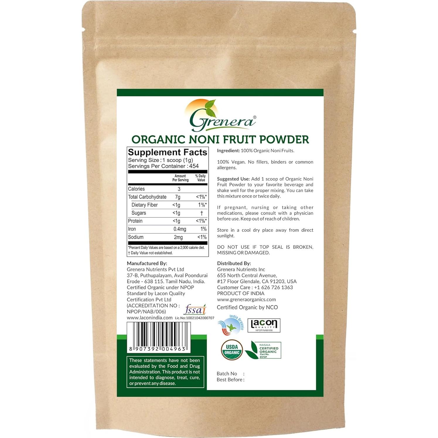 Polvo de Fruta de Noni Orgánico Grenera 454 g - No GMO, Sin Gluten