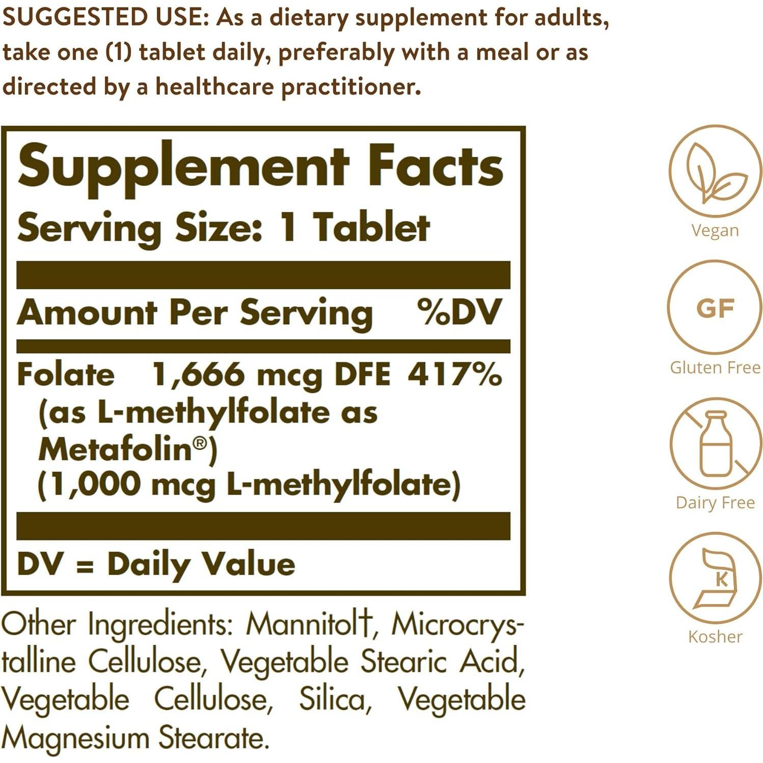 Solgar Folato 1000 mcg Metafolin Vegano 120 Tabletas