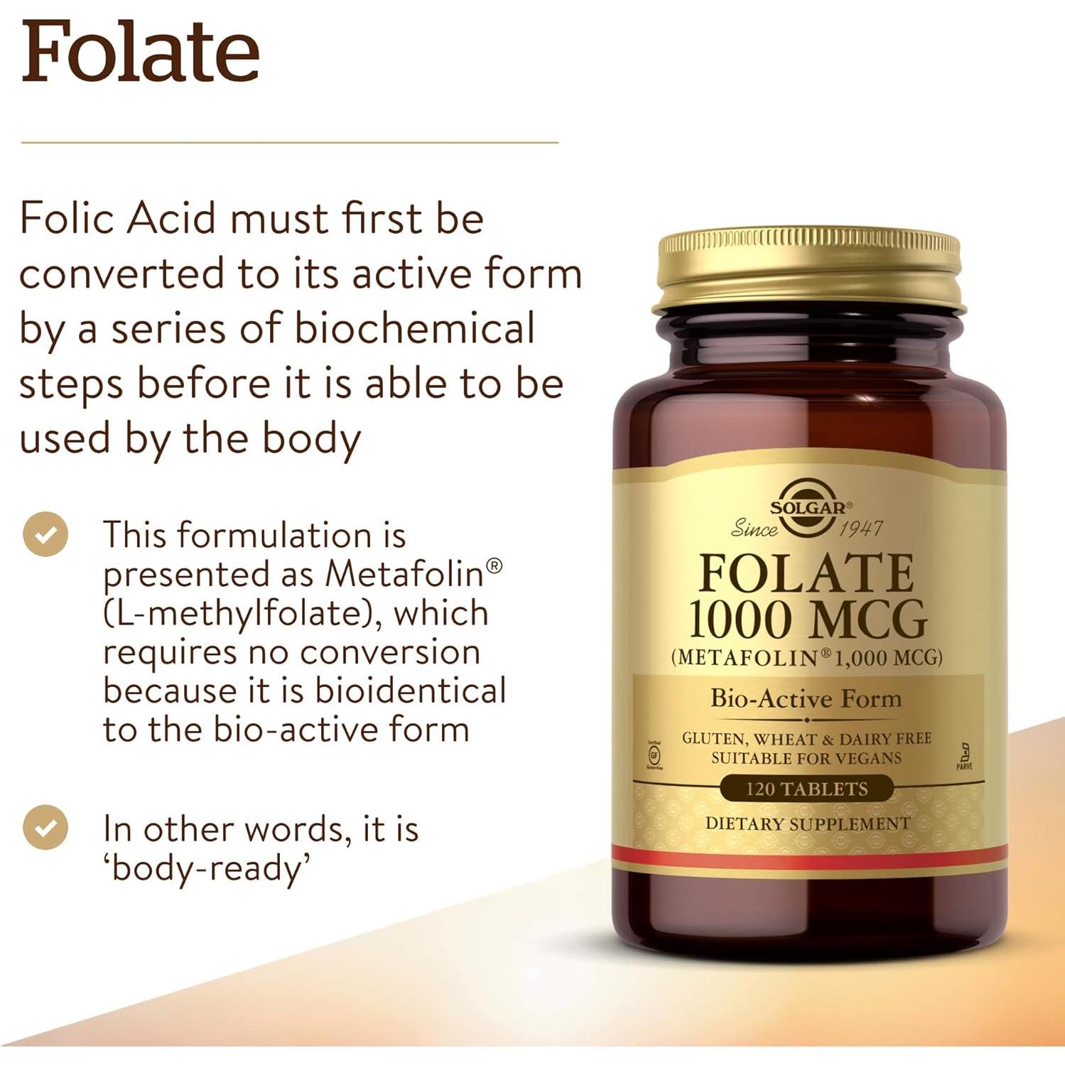 Solgar Folato 1000 mcg Metafolin Vegano 120 Tabletas