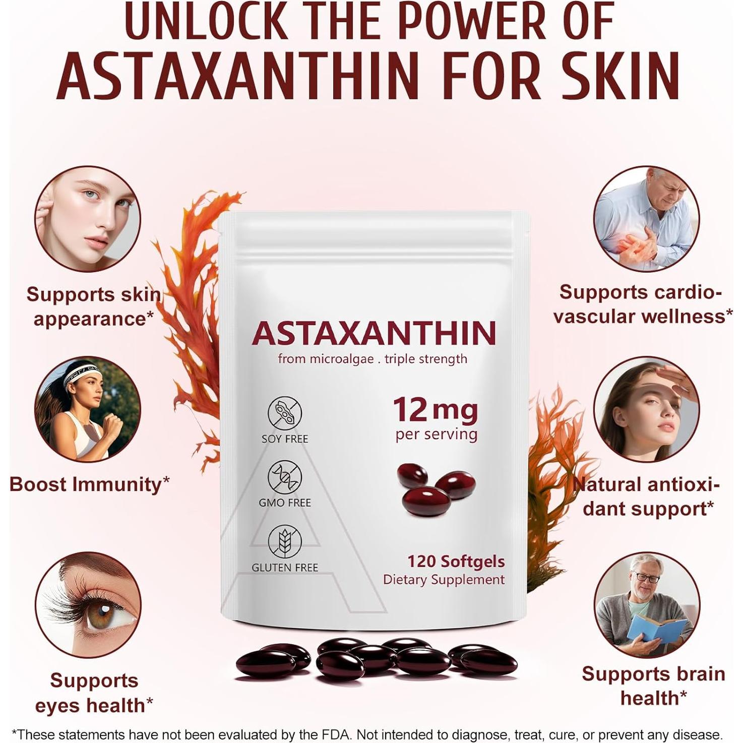 Suplemento de Astaxantina 12mg Ruduwu 120 Softgels Antioxidantes