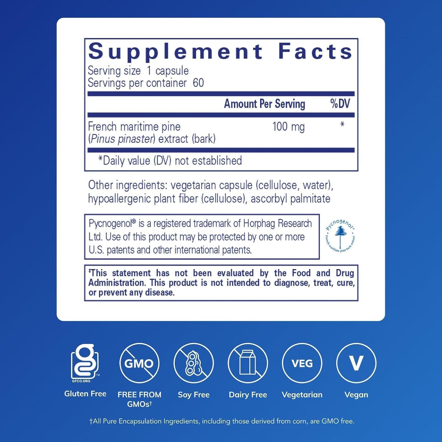 Suplemento Hipoalergénico Pycnogenol 100 mg Pure Encapsulations 60 Cápsulas