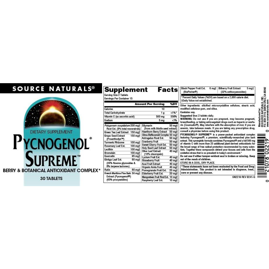 Suplemento Antioxidante Pycnogenol Source Naturals 30 Tabletas