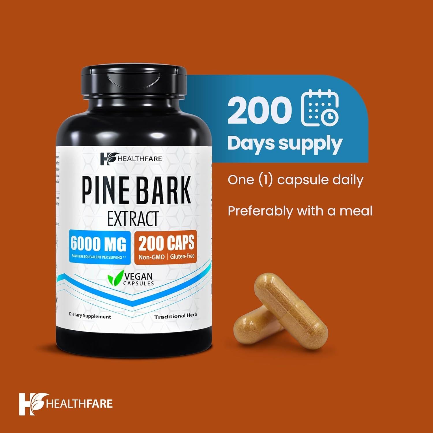 Extracto de Corteza de Pino HealthFare 6000mg 200 Cápsulas Veganas