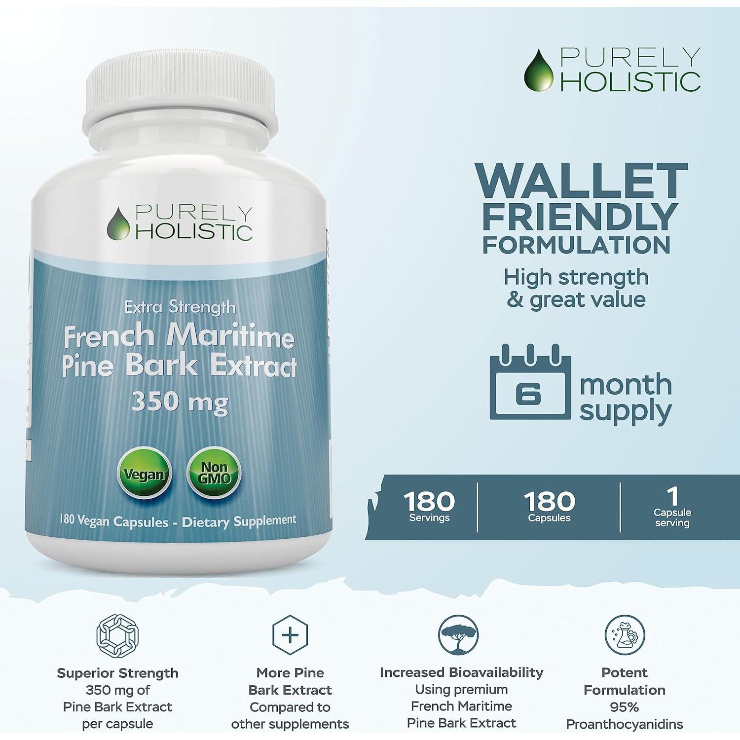 Extracto de Corteza de Pino Purely Holistic 350mg 180 Cápsulas Veganas - 95% Proantocianidinas