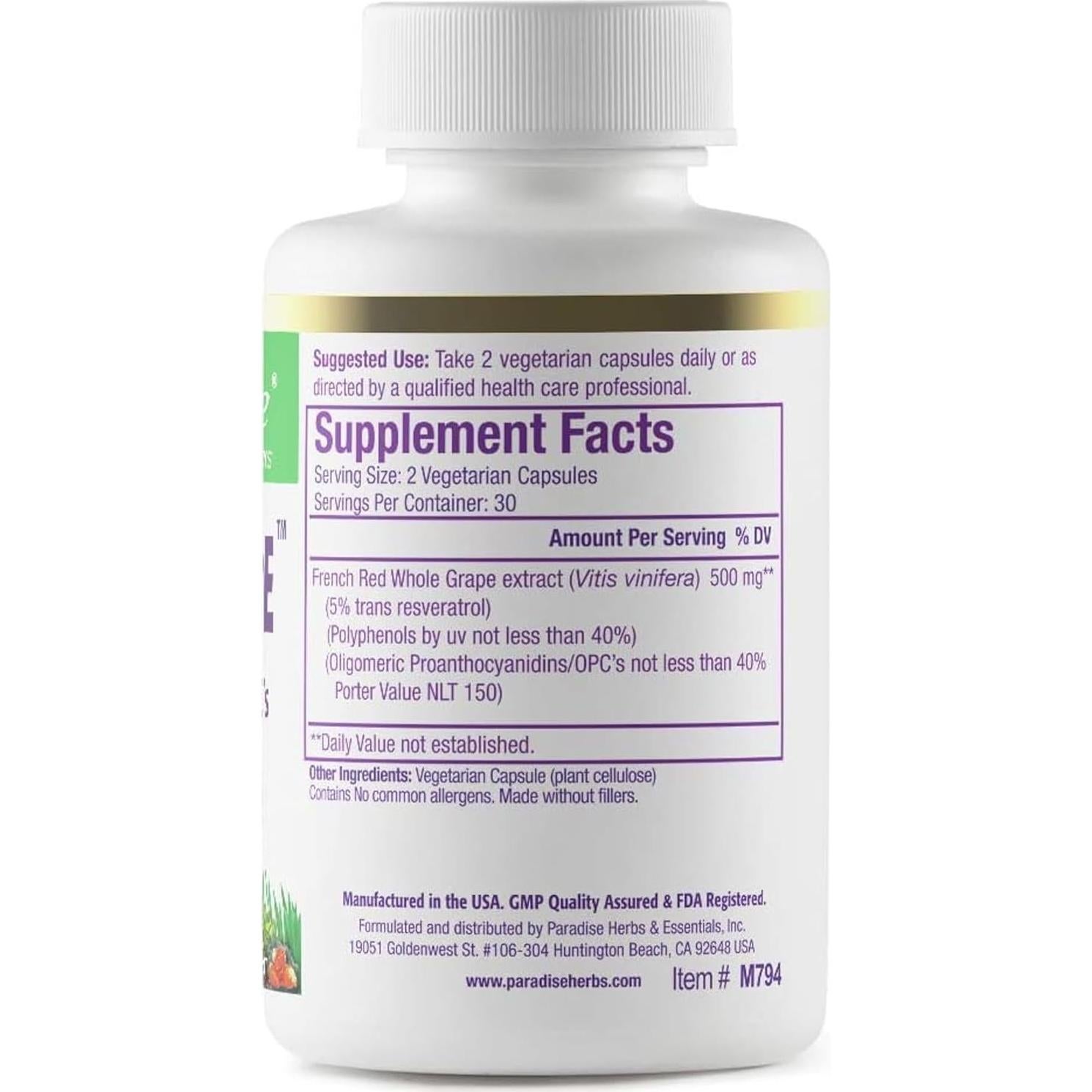 Suplemento Resveratrol Hierbas del Paraíso 60 Cápsulas Vegetarianas