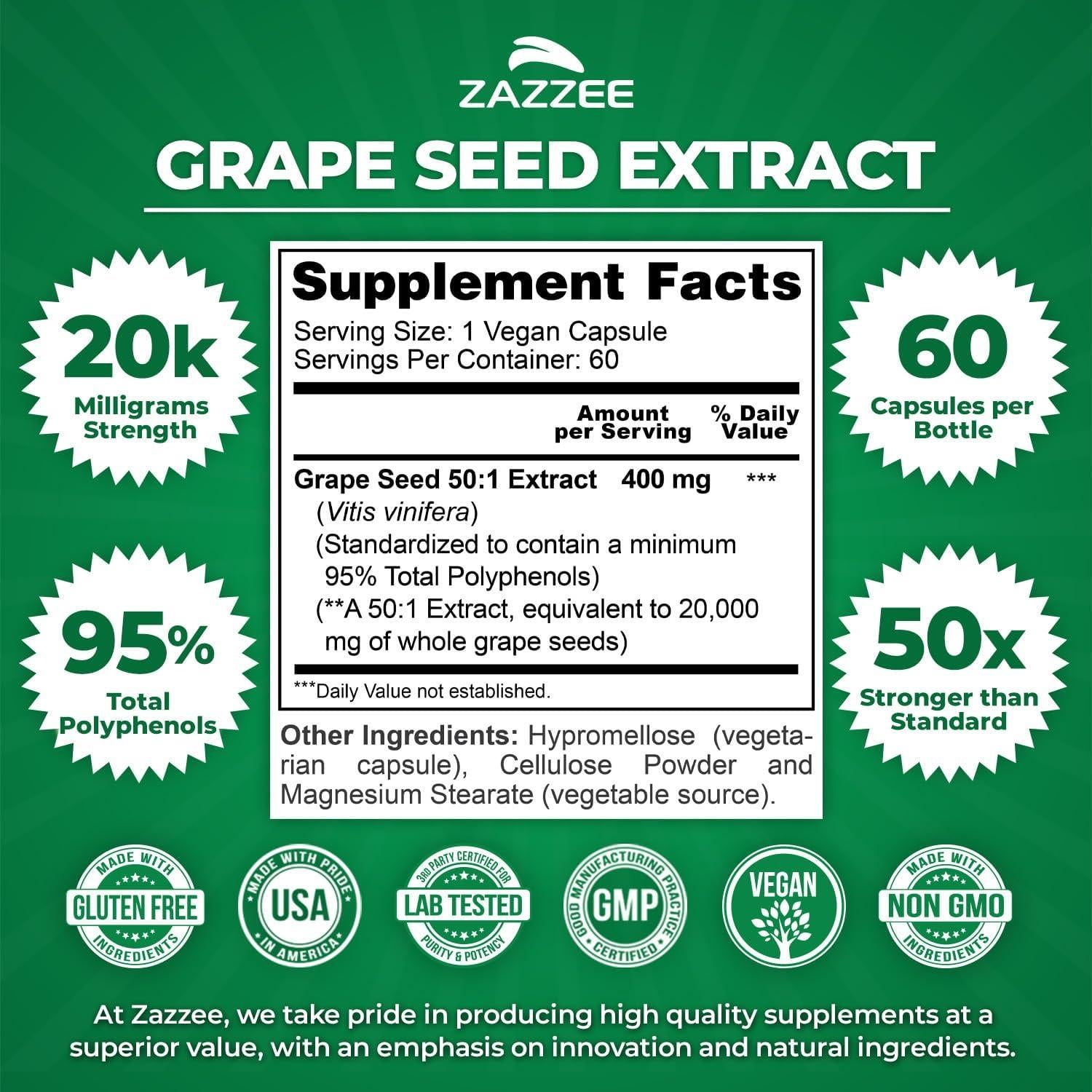 Extracto de Semilla de Uva Zazzee 50:1 60 Cápsulas Veganas 95% Polifenoles