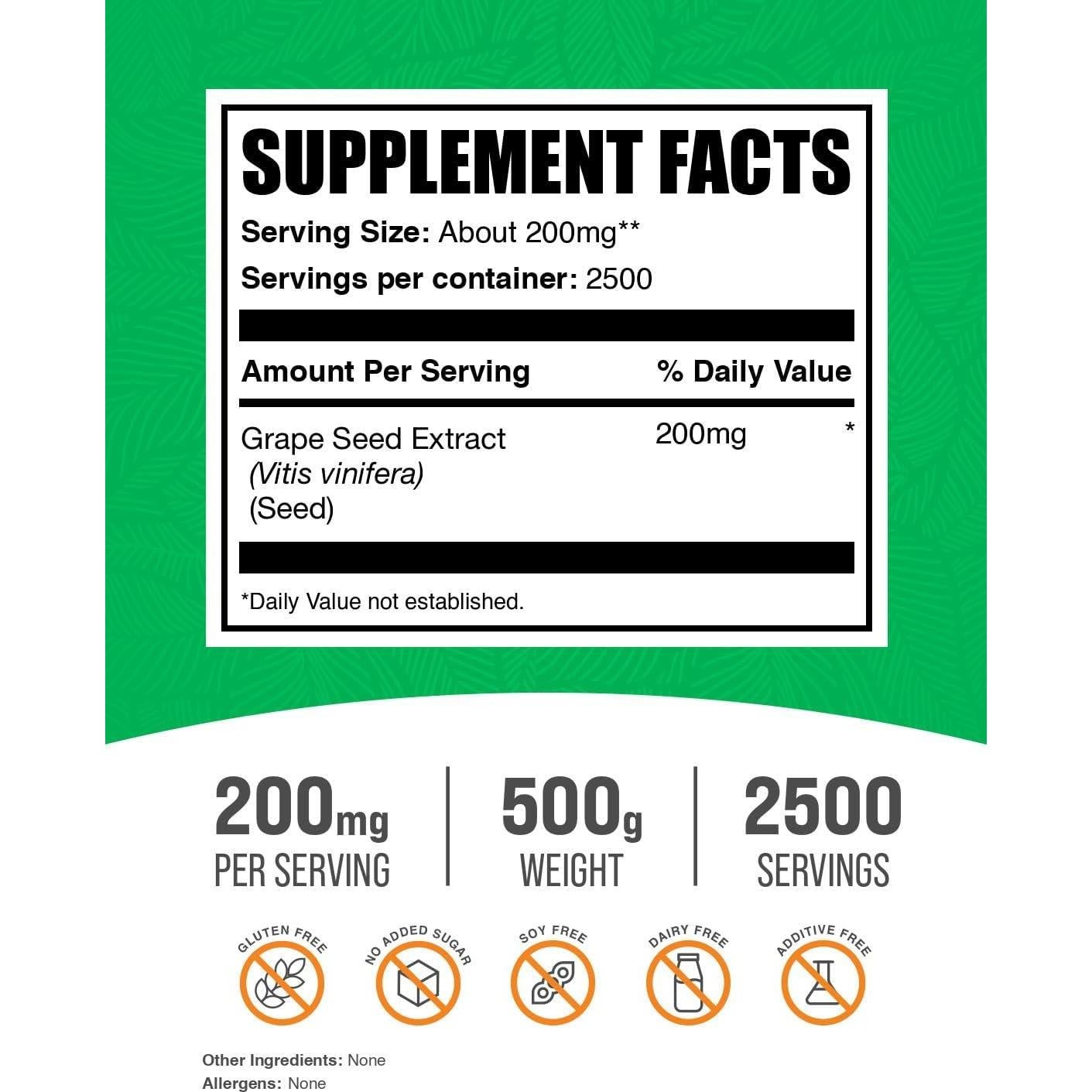 Polvo de Extracto de Semilla de Uva BulkSupplements 500g Antioxidante