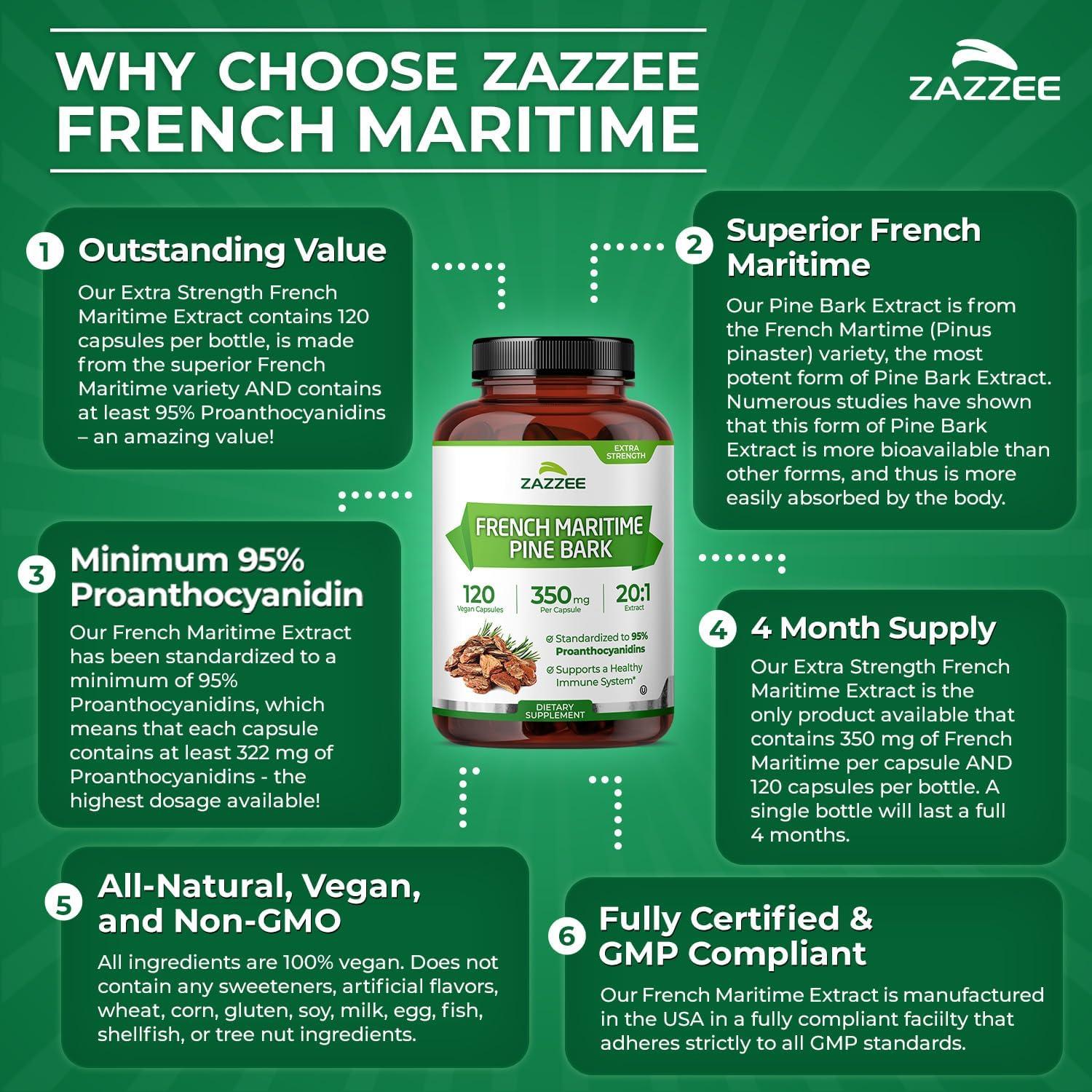 Zazzee Extracto de Pino Marítimo Francés 350mg 120 Cápsulas Veganas